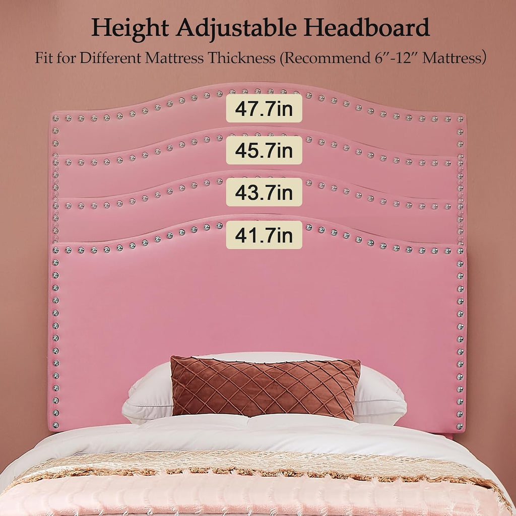VECELO Twin Bed Frame, Platform Bed Frame with Adjustable Height Upholstered Headboard, Heavy-Duty Frame and Strong Wooden Slats Support, Non-Slip and Noise-Free, Easy Assembly, Pink