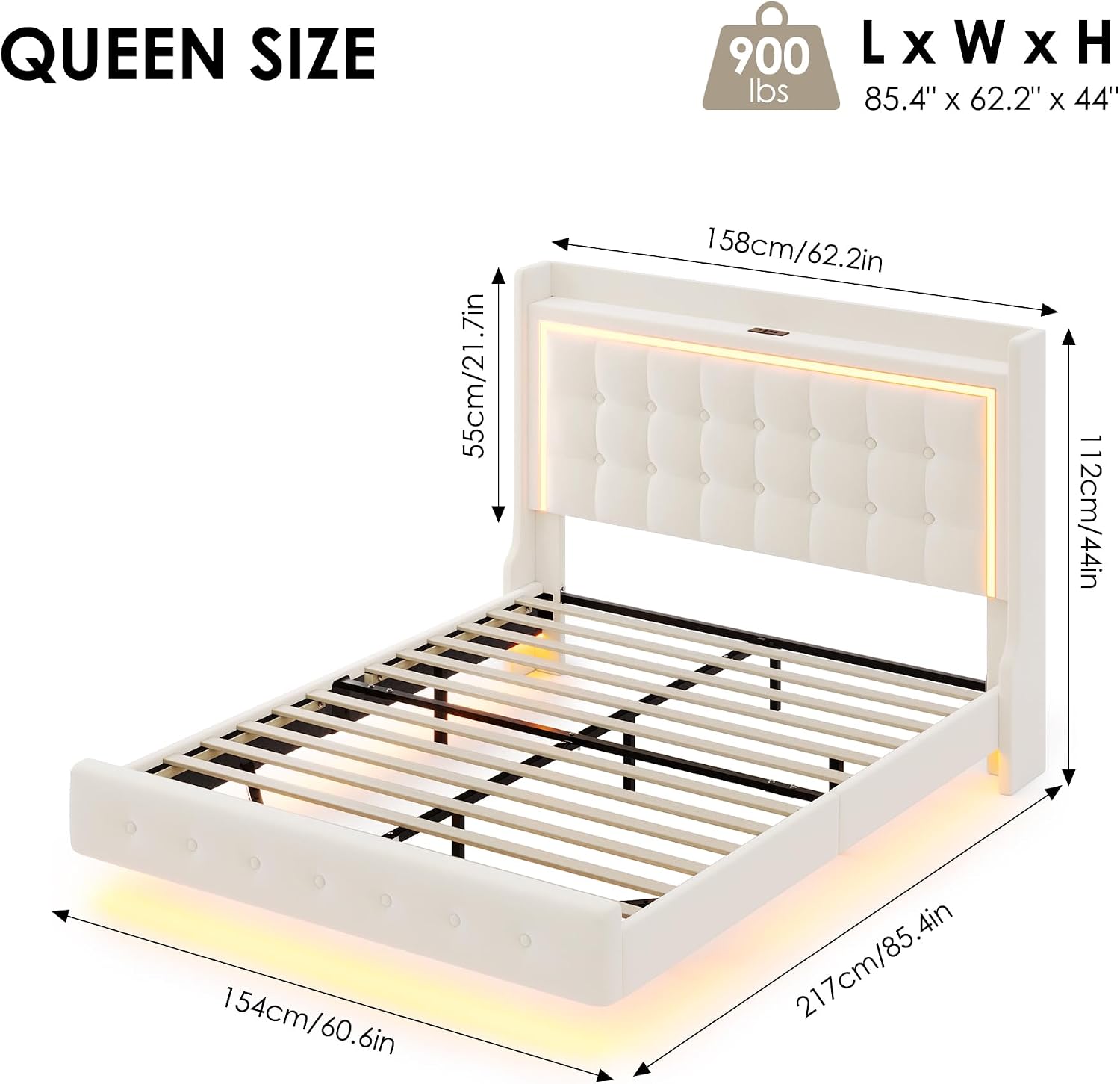 Keyluv Upholstered Queen Floating Bed Frame with RGB LED Lights and Charging Station, Velvet Platform Bed with Button Tufted Storage Headboard, Type-C & USB Charging Ports, No Box Spring Needed, Beige