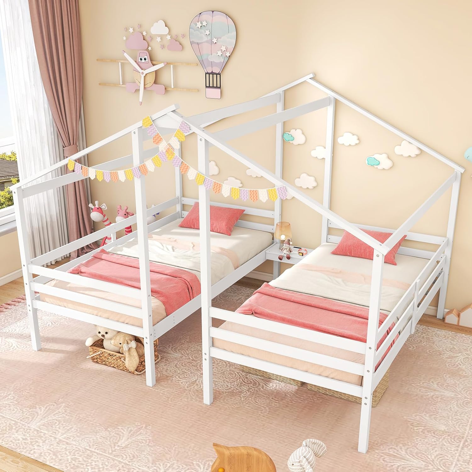 Giantex Double Twin Bed Frames for Kids, Wood House Shaped Platform with Built-in Nightstand & USB Port, 2 Shared Beds for Teens, Boys & Girls, White