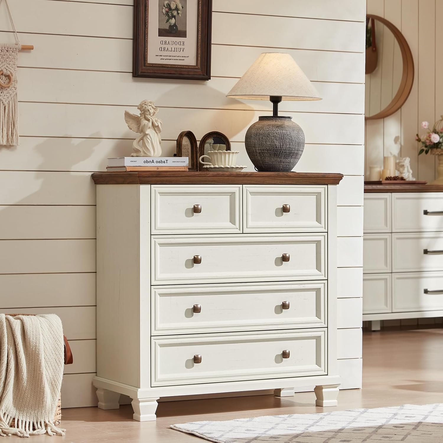 SAVOR LIFE Farmhouse Dresser and Nightstand Sets of 4 Piece, 5/6 Drawer Dresser and 2 Drawer Nightstand Set, Rustic Wood Bedroom Furniture Set for Home, Hallway,White