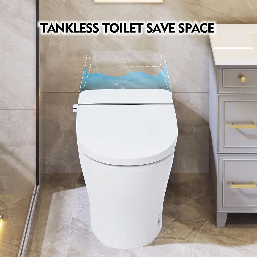 Smart Toilet with Bidet Built in, Tankless Toilet Bidet with Self-Cleaning Nozzle, Cold Water Washing, Foot Sensor Flush, Knob Control, and LED Light