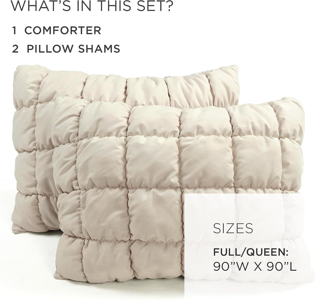 Lush Decor Puff Quilted Comforter Set, 3 Piece Set, Full/Queen, Neutral - Teen Bedding Set - Super Soft Comforter - Neutral Dorm Decor - Textured Minimalist & Modern Bedroom Decor