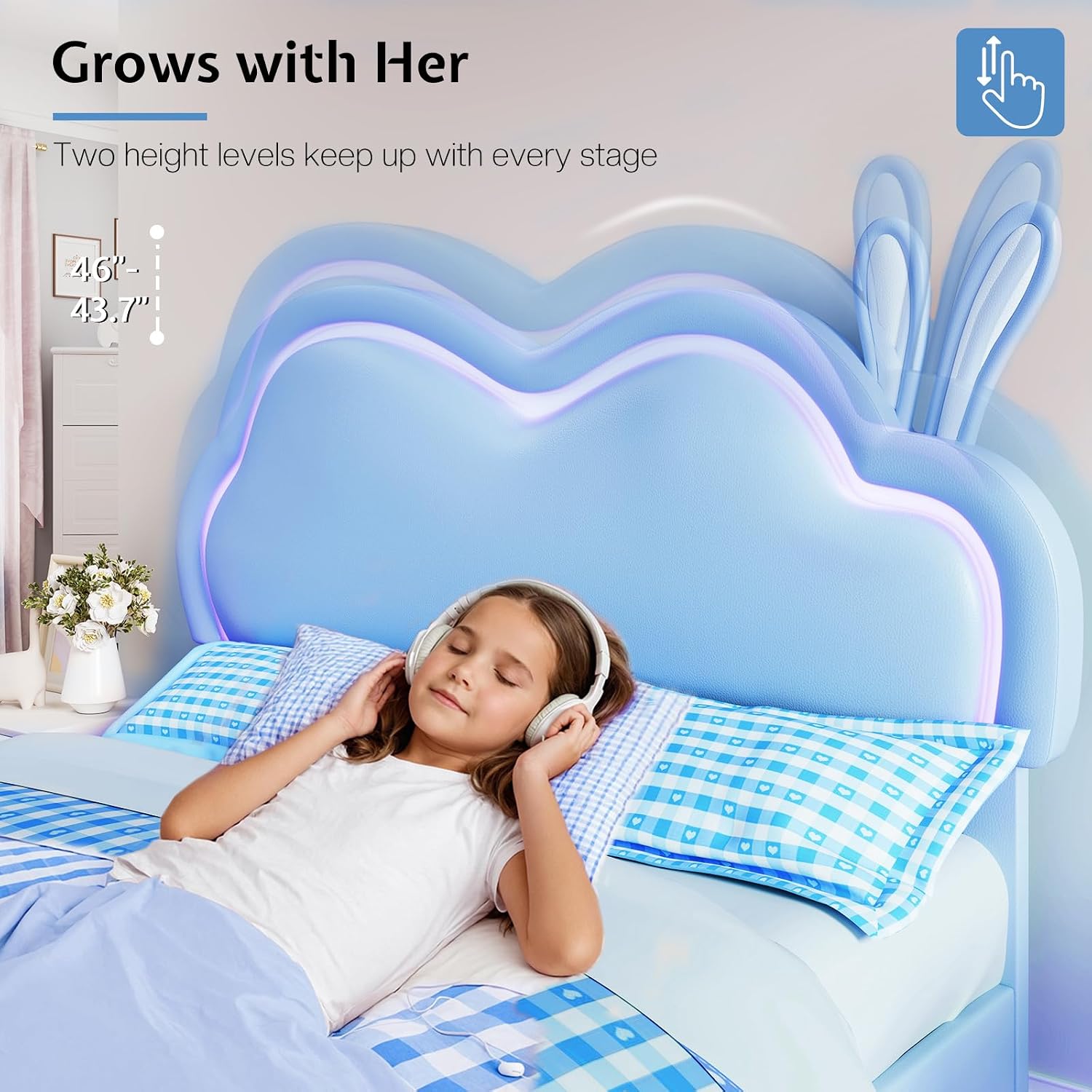 Jocisland Twin Size Floating Bed Frame, Faux Leather Upholstered Platform Bed with LED Lights, Adjustable Cloud Headboard, No Box Spring Needed, Blue | Bunny Ears Design, Multi-Color Lighting, Hidden Bed Legs, Dreamy room vibe, Easy Clean Surface