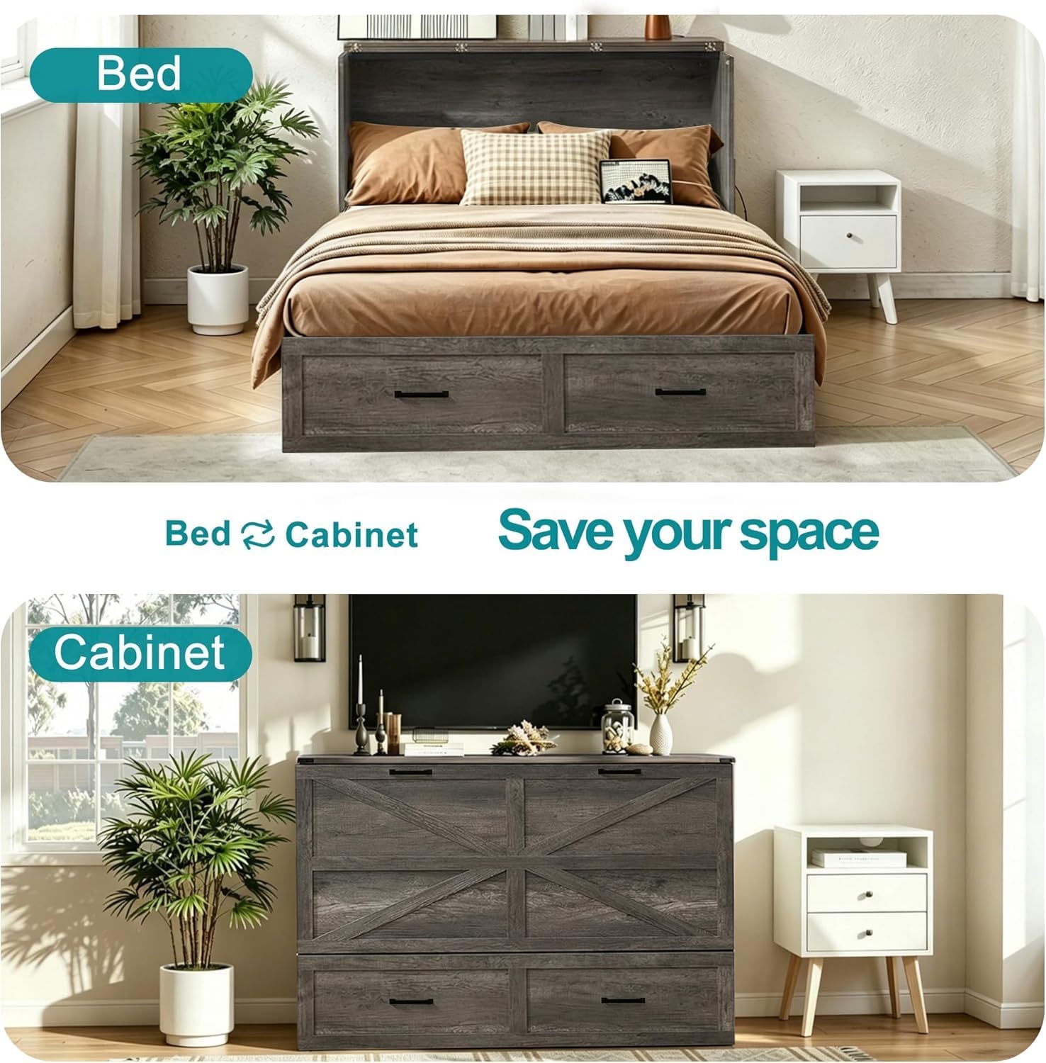 Full Murphy Bed Cabinet with Charging Station and Storage, Farmhouse Foldable Platform Bed for Guest Bedroom,Home Office Bed Frame with Storage,Rustic Grey (Full Size)