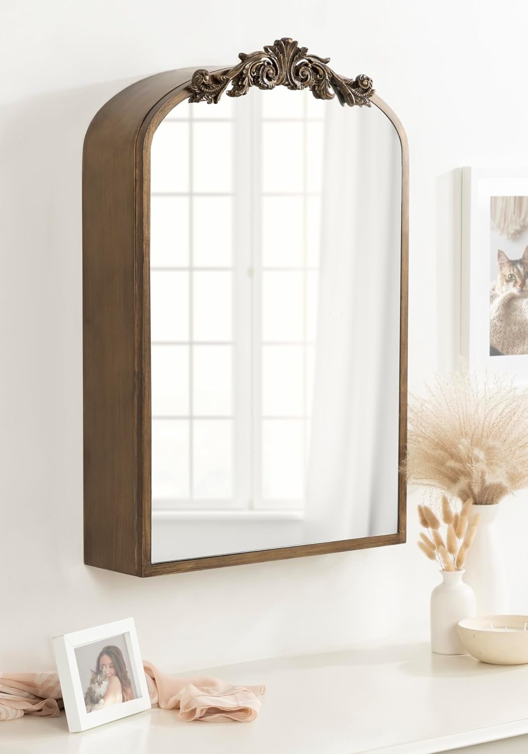 Kate and Laurel Arendahl Vintage Arched Jewelry Cabinet with MIrror, 20 x 6 x 30, Gold, Mirrored Arch Wall Cabinet for Bathroom Storage or Bedroom Jewelry Station with Soft-Close Hinges