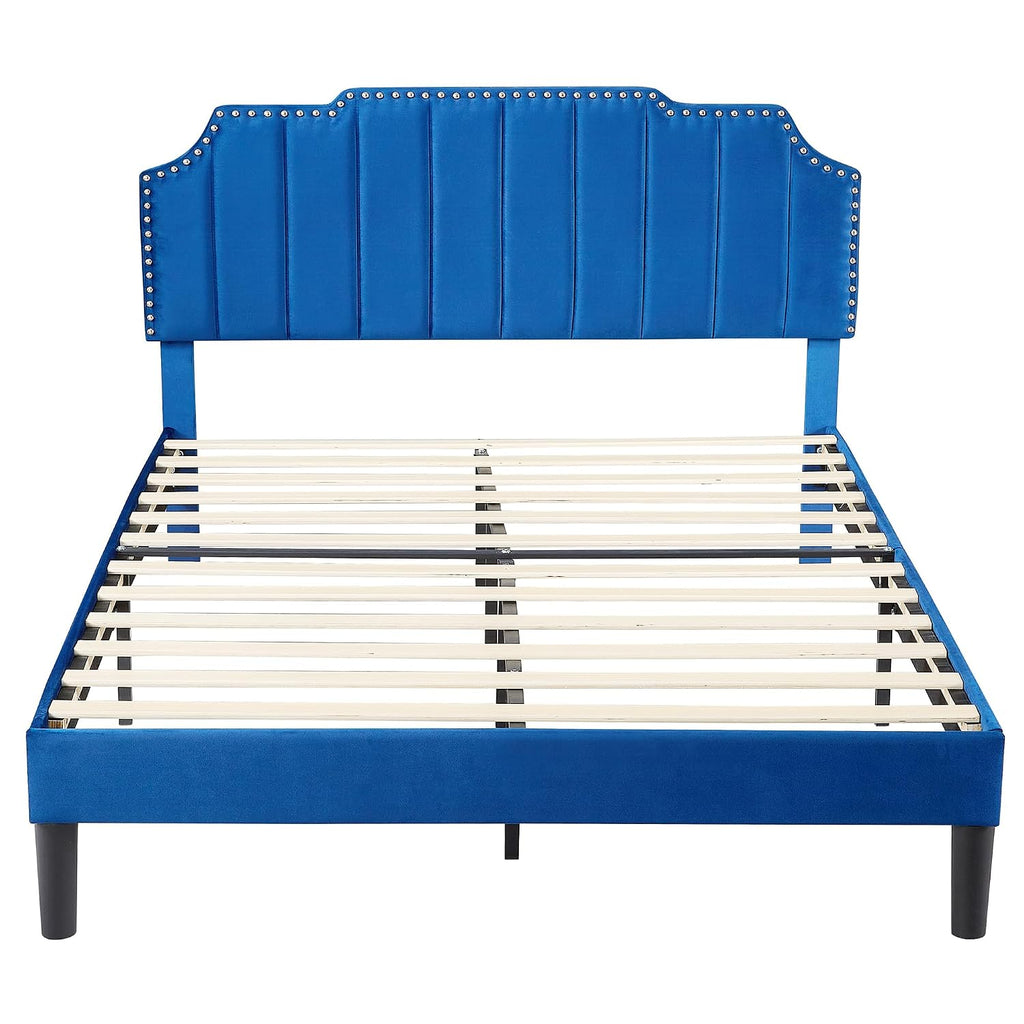 VECELO Full Upholstered Platform Bed Frame with Tufted Adjustable Headboard/Mattress Foundation/Wood Slat Support,Easy Assembly,Navy Blue