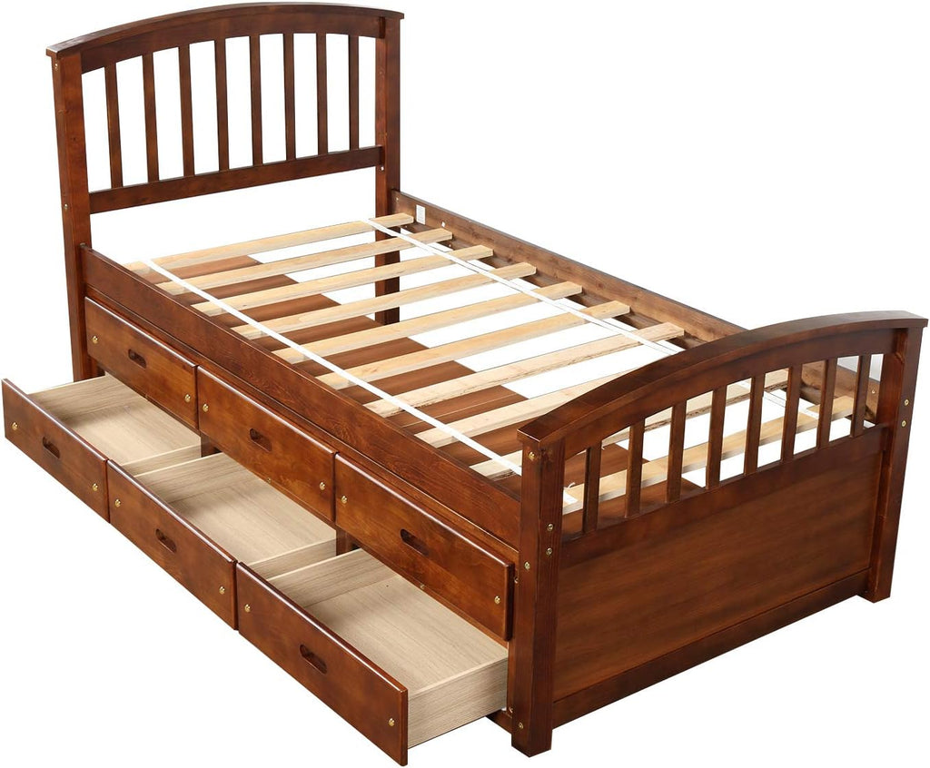 SOFTSEA Twin Captains Bed with 6 Drawers, Wood Storage Bed Frame with Headboard and Footboard for Bedroom, Twin Size Platform Bed for Kids, No Box Spring Needed (Walnut)