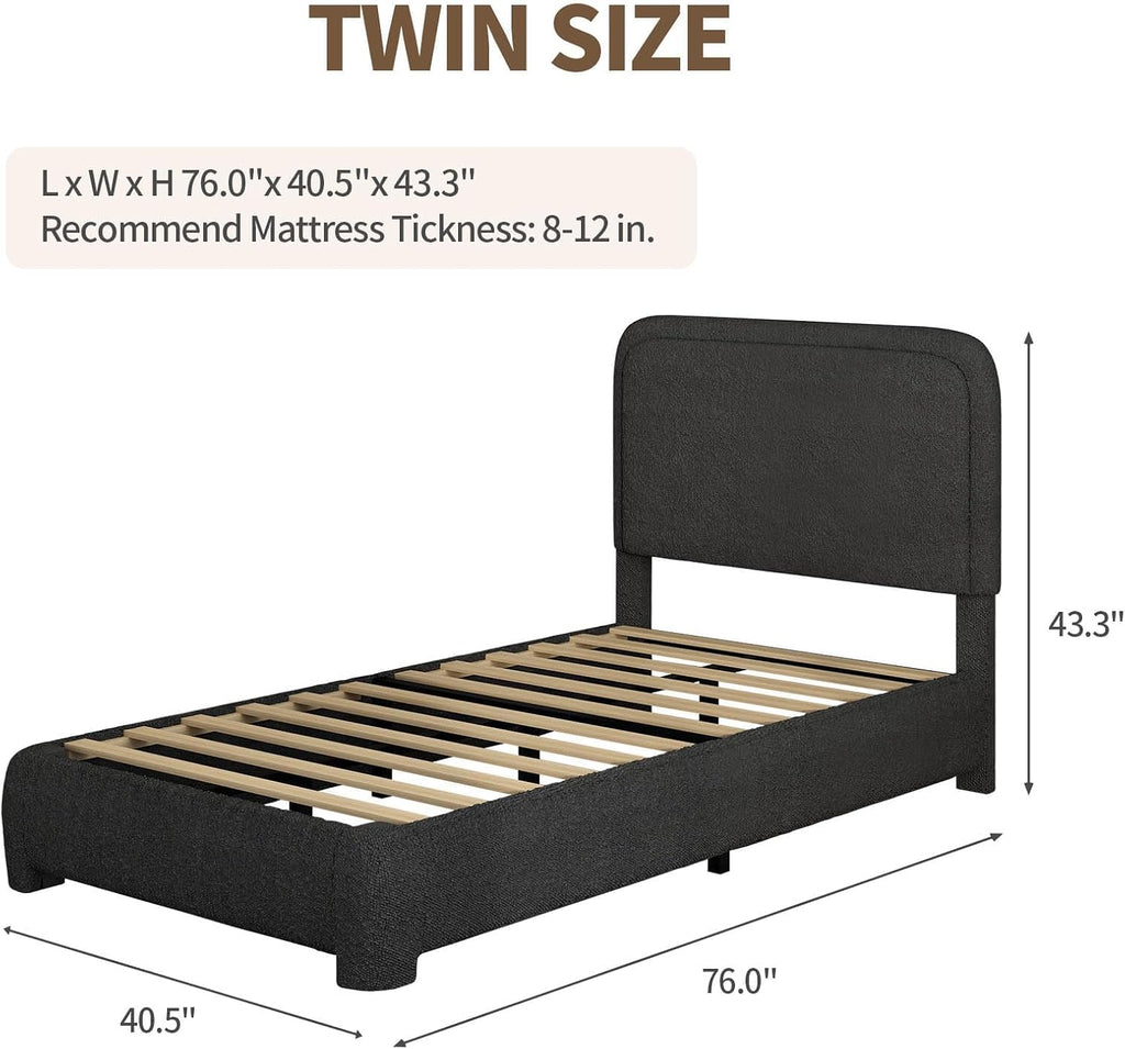 BarnFurin Twin Bed Frame with Headboard, Boucle Upholstered Platform Bed Frame, Soft Rounded Corners, No Box Spring Required, Easy Assembly, Black