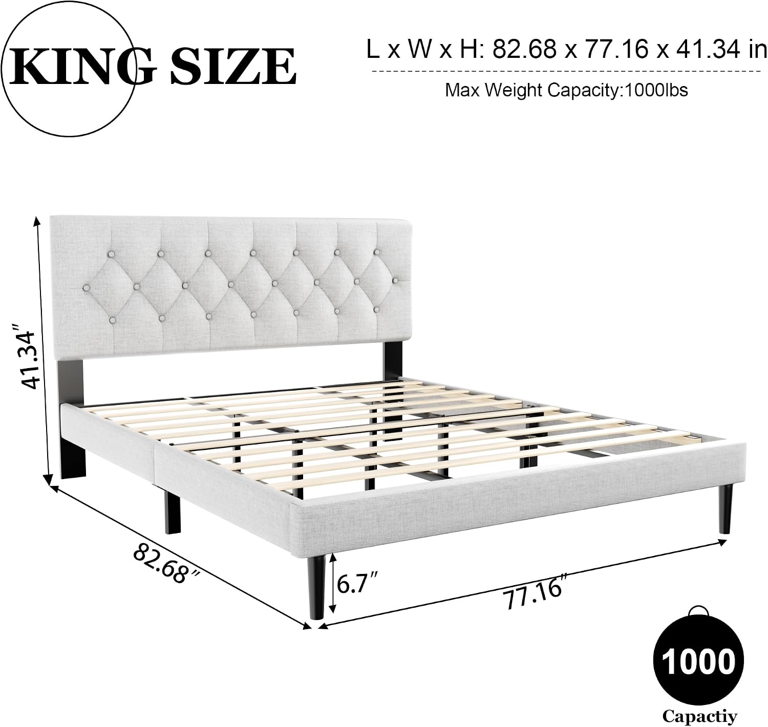 HAOARA King Size Platform Bed Frame with Upholstered Button Tufted Headboard, Mattress Foundation with Wooden Slat Support, Noise Free, No Box Spring Needed, Easy Assembly, Light Grey