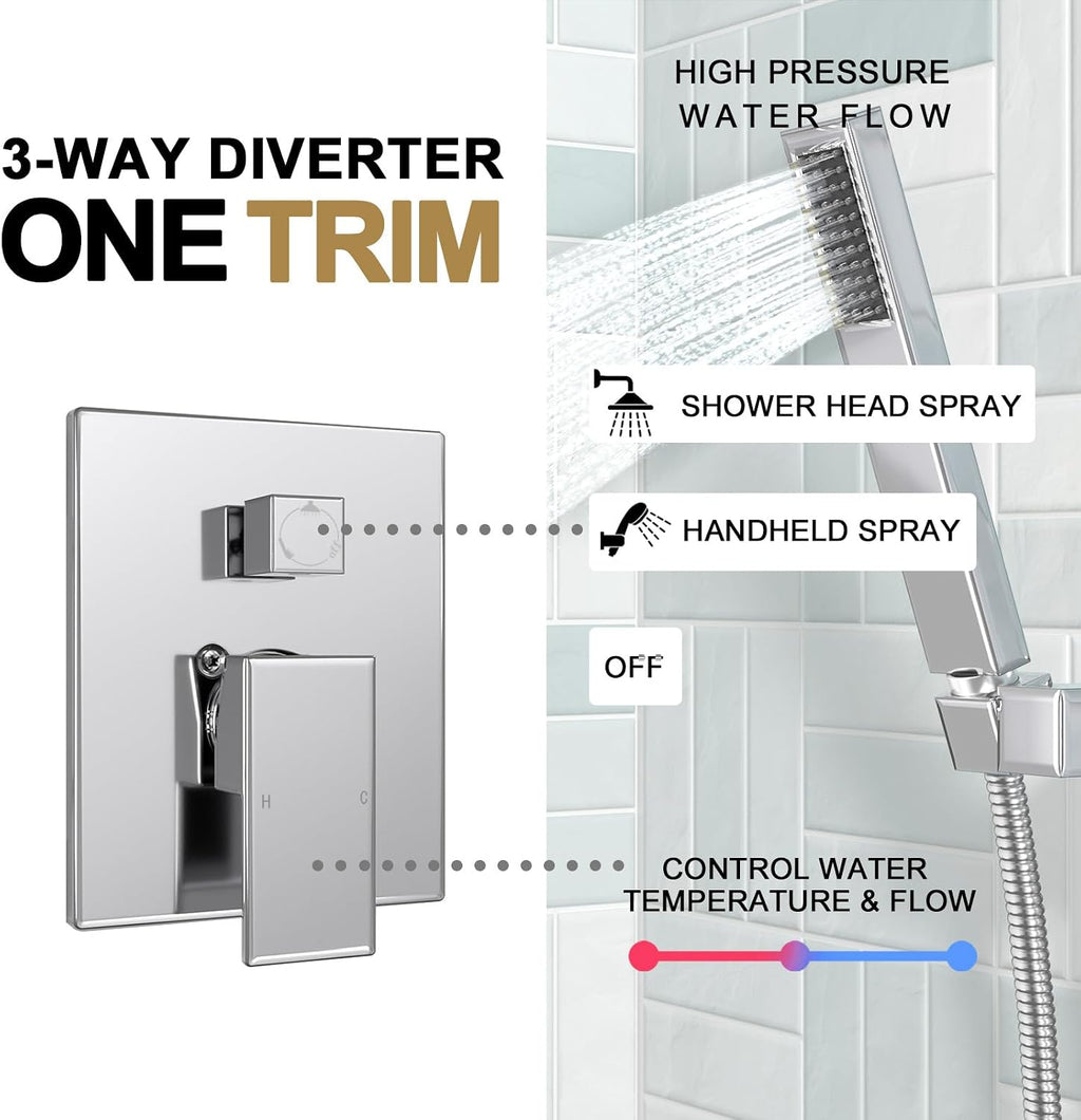 Lava Odoro Modern 2-Setting Square Shower System with Rain Shower Head and Handheld Spray Chrome, Rainfall Shower Faucet Set Chrome, Shower Valve and Trim Kit, Polished Chrome SF103-C