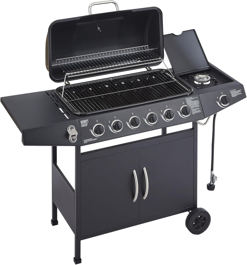 6-Burner Propane Gas Grills for Outdoor Cooking, 59000 BTU BBQ Portable Flat Top Grill Output Stainless Steel Barbecue Grill with Cabinet & Rolling Wheels and Side Tables (6 IN 1)