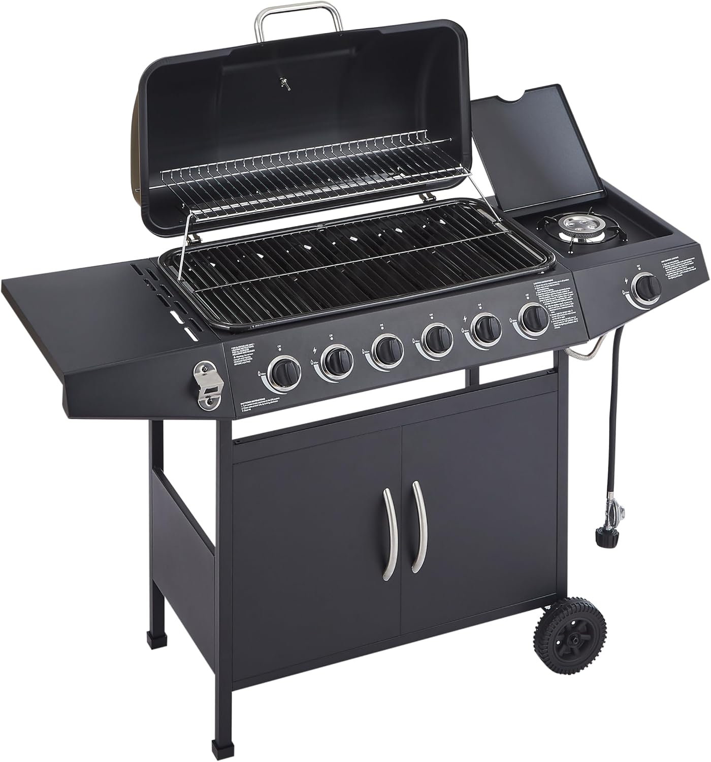 6-Burner Propane Gas Grills for Outdoor Cooking, 59000 BTU BBQ Portable Flat Top Grill Output Stainless Steel Barbecue Grill with Cabinet & Rolling Wheels and Side Tables (6 IN 1)