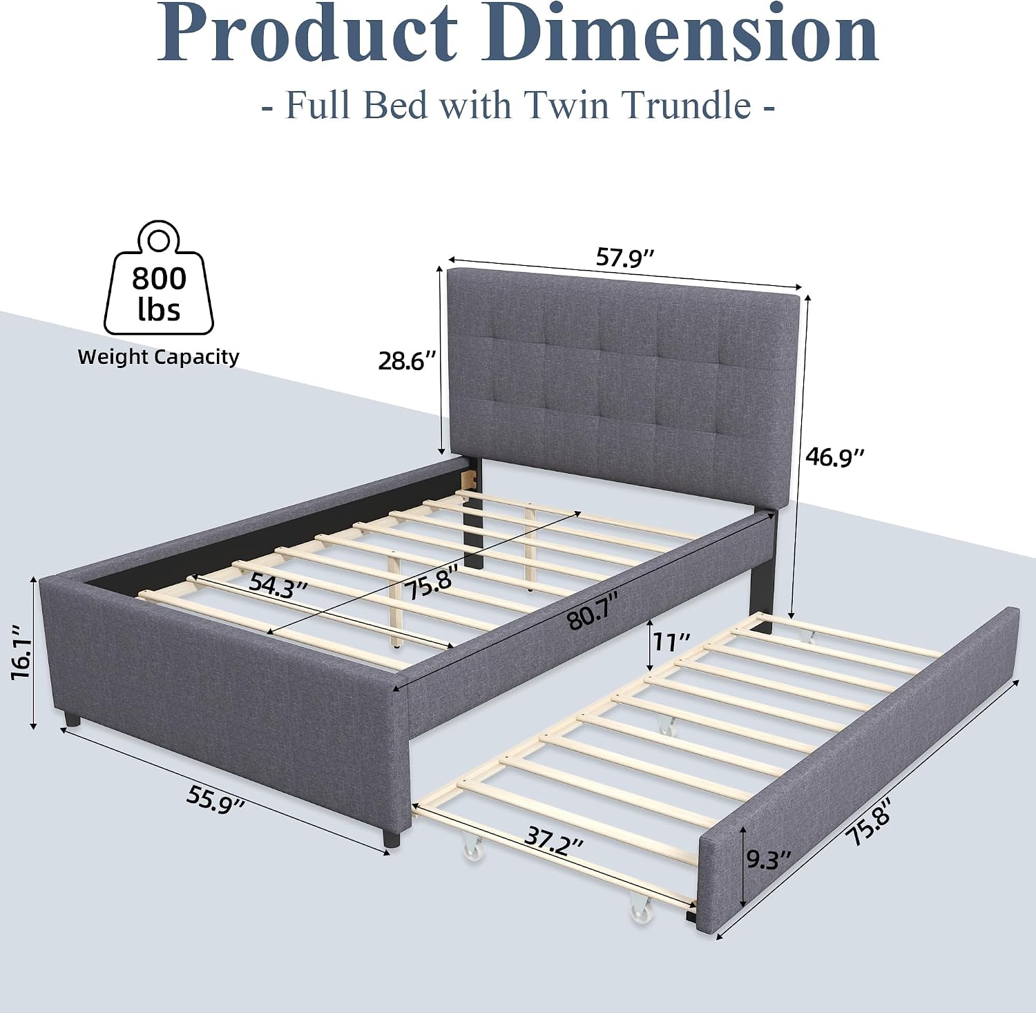 civama Full Bed with Trundle, Upholstered Full Over Twin Pull Out Platform Bed with Soft Linen Headboard & Wooden Slat Support for Bedroom Apartment, No Box Spring Needed, Grey