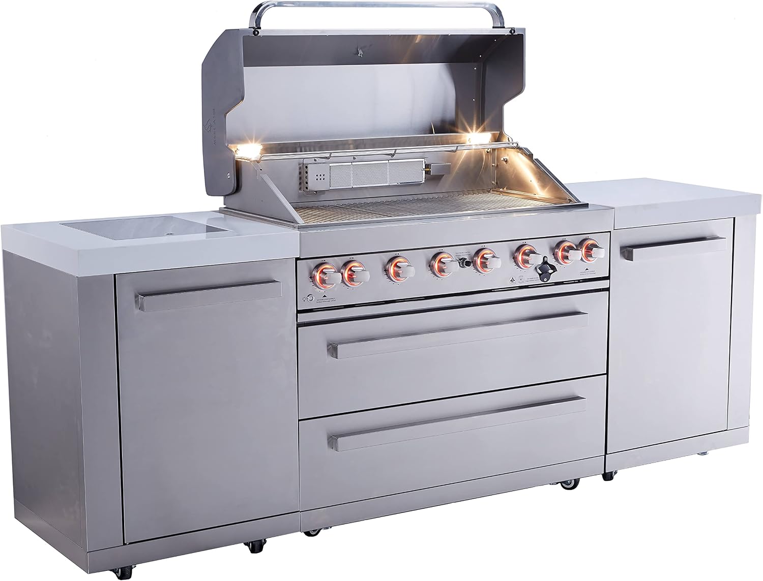 Mont Alpi Premium 94'W x 23'D x 46'H Stainless Steel Modular Outdoor Kitchen Island with Infrared Side Burner + 44'W 6-Burner BBQ Gas Grill + White Granite Countertops + Storage Cabinets & Drawers