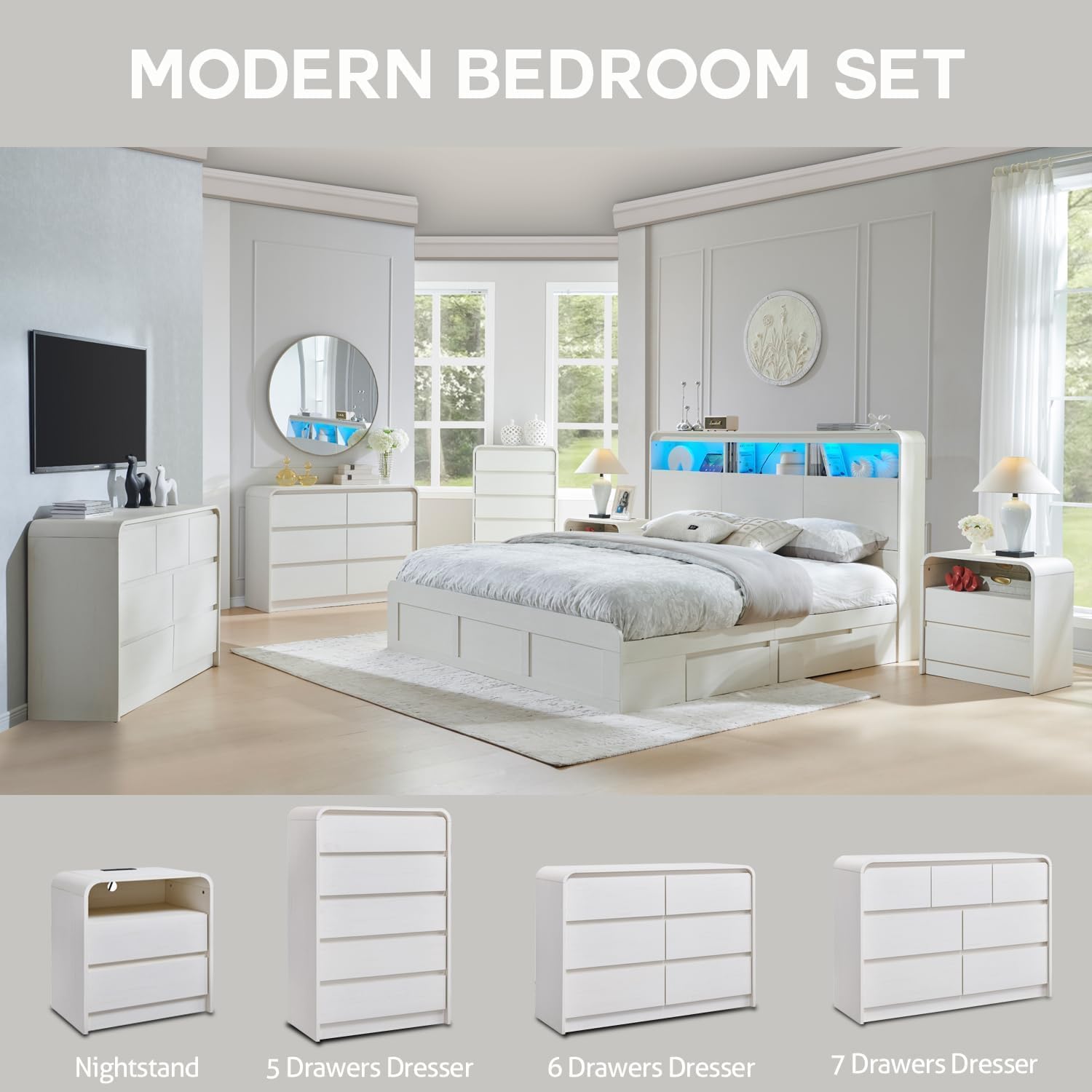 Aitjunz Modern 6 Drawers Dresser for Bedroom, 47' Wide Wood Dressers & Chests of Drawers with Curved Profile Design, Mid Century Modern Dresser for Closet for Bedroom, Living Room, Antique White