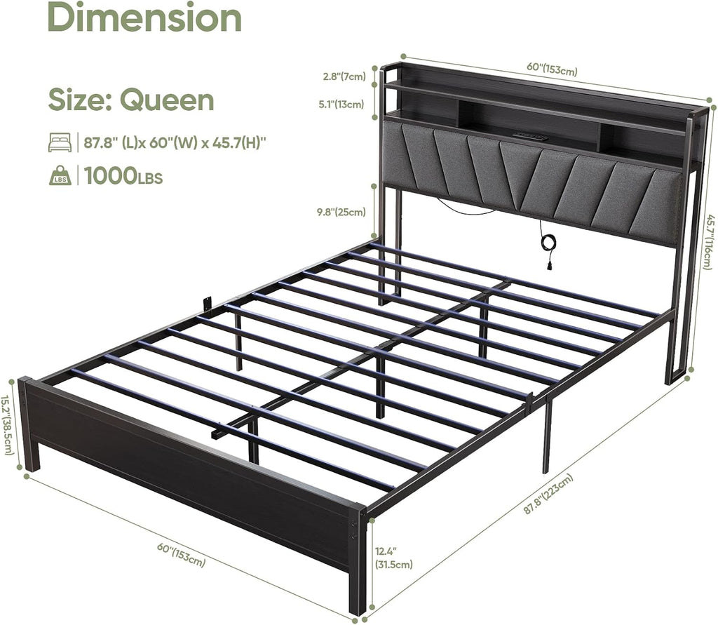 Queen Bed Frame with Wood Headboard, Metal Platform Bed with LED Lights & Charging Station, 2-Tier Storage Shelves, Sturdy and Easy Assembly, Under Bed Space, No Box Spring Needed, Noise Free, Black