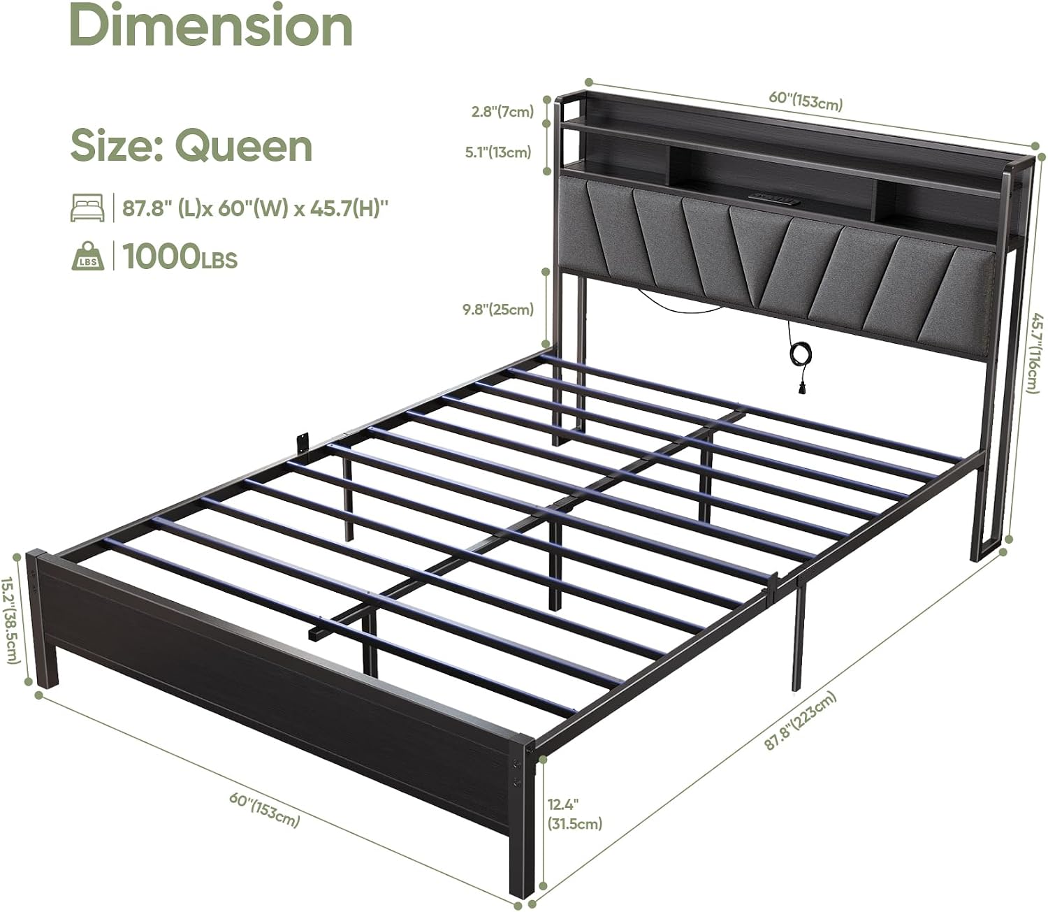 Queen Bed Frame with Wood Headboard, Metal Platform Bed with LED Lights & Charging Station, 2-Tier Storage Shelves, Sturdy and Easy Assembly, Under Bed Space, No Box Spring Needed, Noise Free, Black