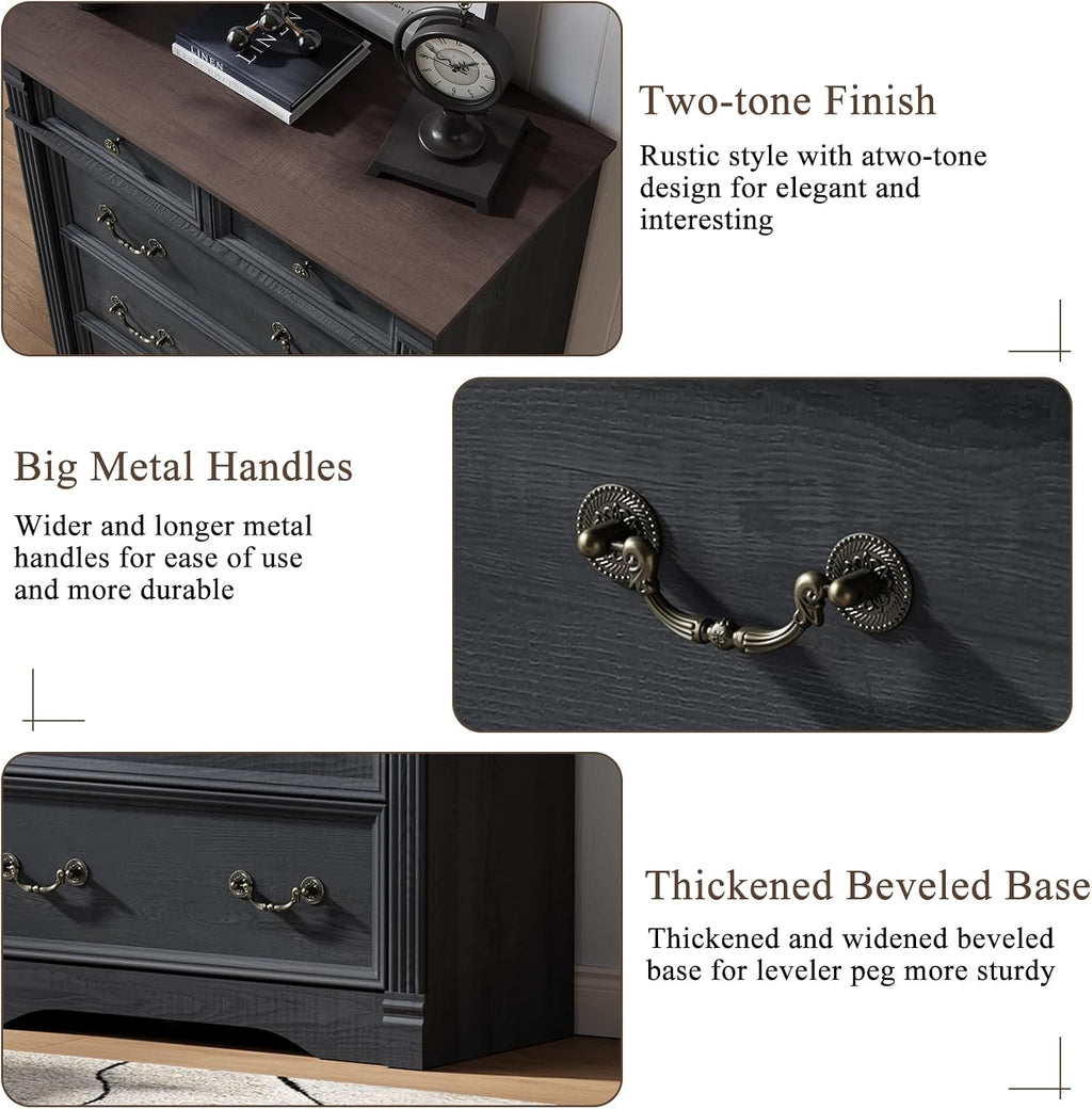 Bedroom Sets 2 Pieces, Farmhouse 6 Drawer Dresser and Nightstand Sets, Wood Furniture Set for Home, Bedroom, Living Room, Hallway, Black