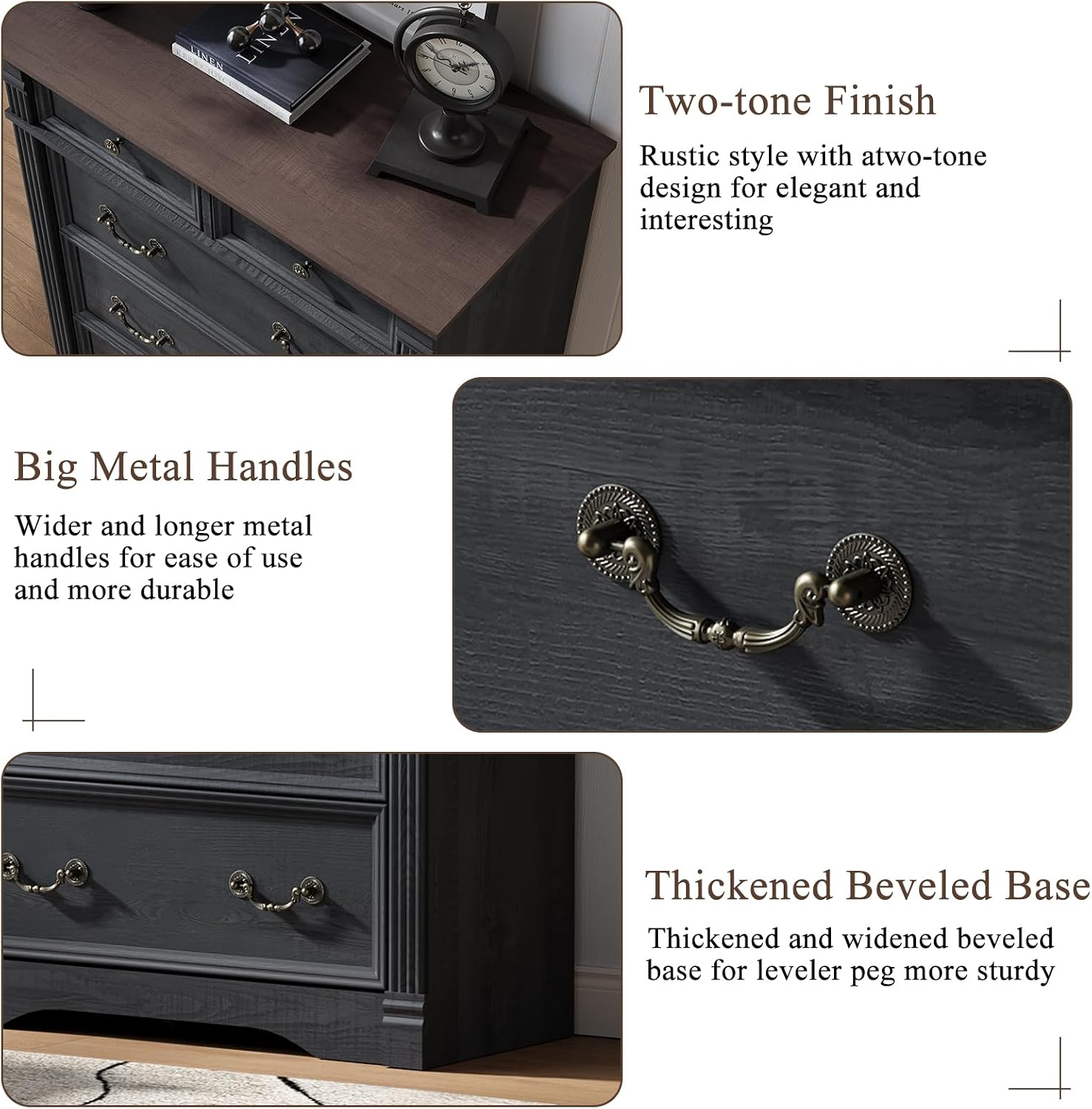 Bedroom Sets 2 Pieces, Farmhouse 6 Drawer Dresser and Nightstand Sets, Wood Furniture Set for Home, Bedroom, Living Room, Hallway, Black