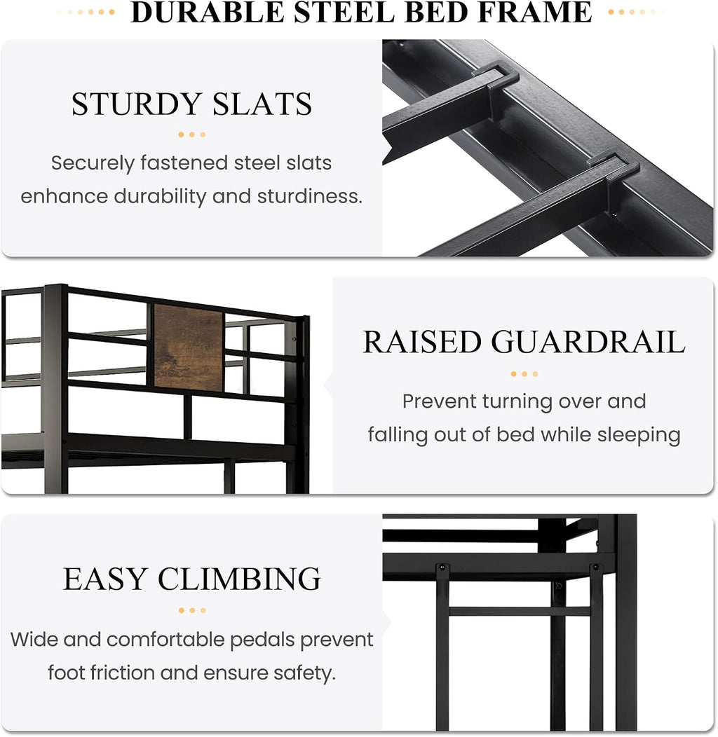 SHA CERLIN Loft Bed Twin Size with Ladder and Guardrail,Rustic Design,Metal Slats Support No Box Spring Needed Small Space Saving Furniture for Bedroom Dorm