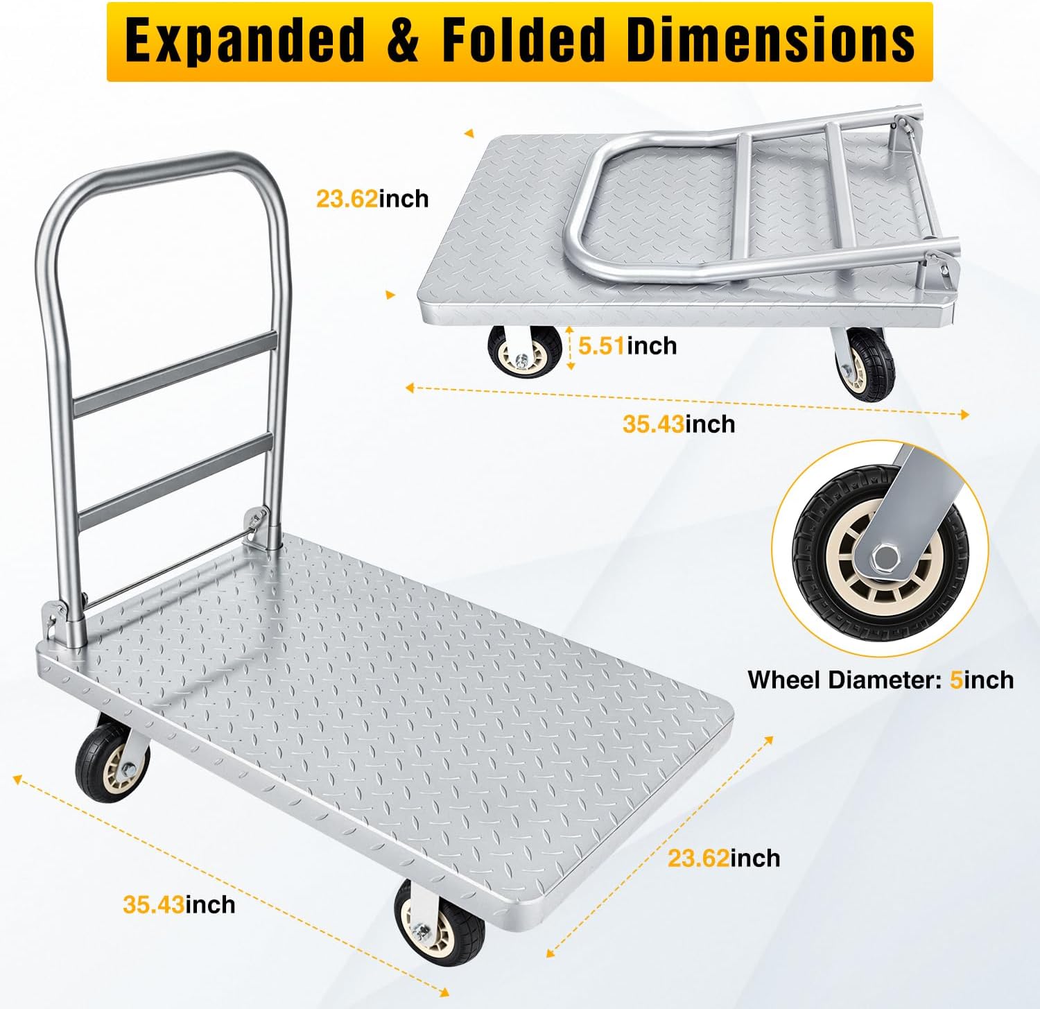 Stainless Steel Platform Cart, 1320 lbs Capacity Heavy Duty Push Cart Dolly with 5-Inch Rubber Silent Wheels, 35.4 x 23.6 Inch Flatbed Cart for Industrial & Warehouse Use, Black