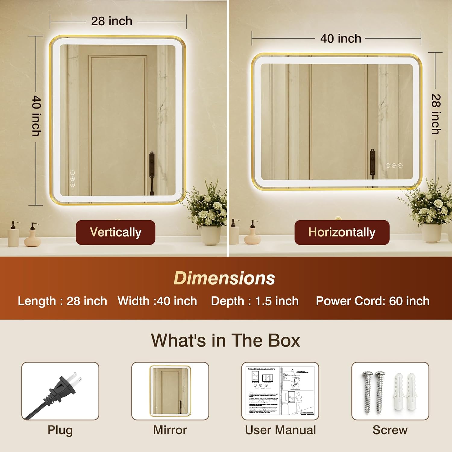 28x40 Inch LED Bathroom Mirror with Gold Frame,Front and Backlit Vanity Mirror,Tempered Glass,Stepless Dimmable Wall Mirrors with Anti-Fog, 3 Colors, Memory, Waterproof, LED Smart Bathroom Mirror