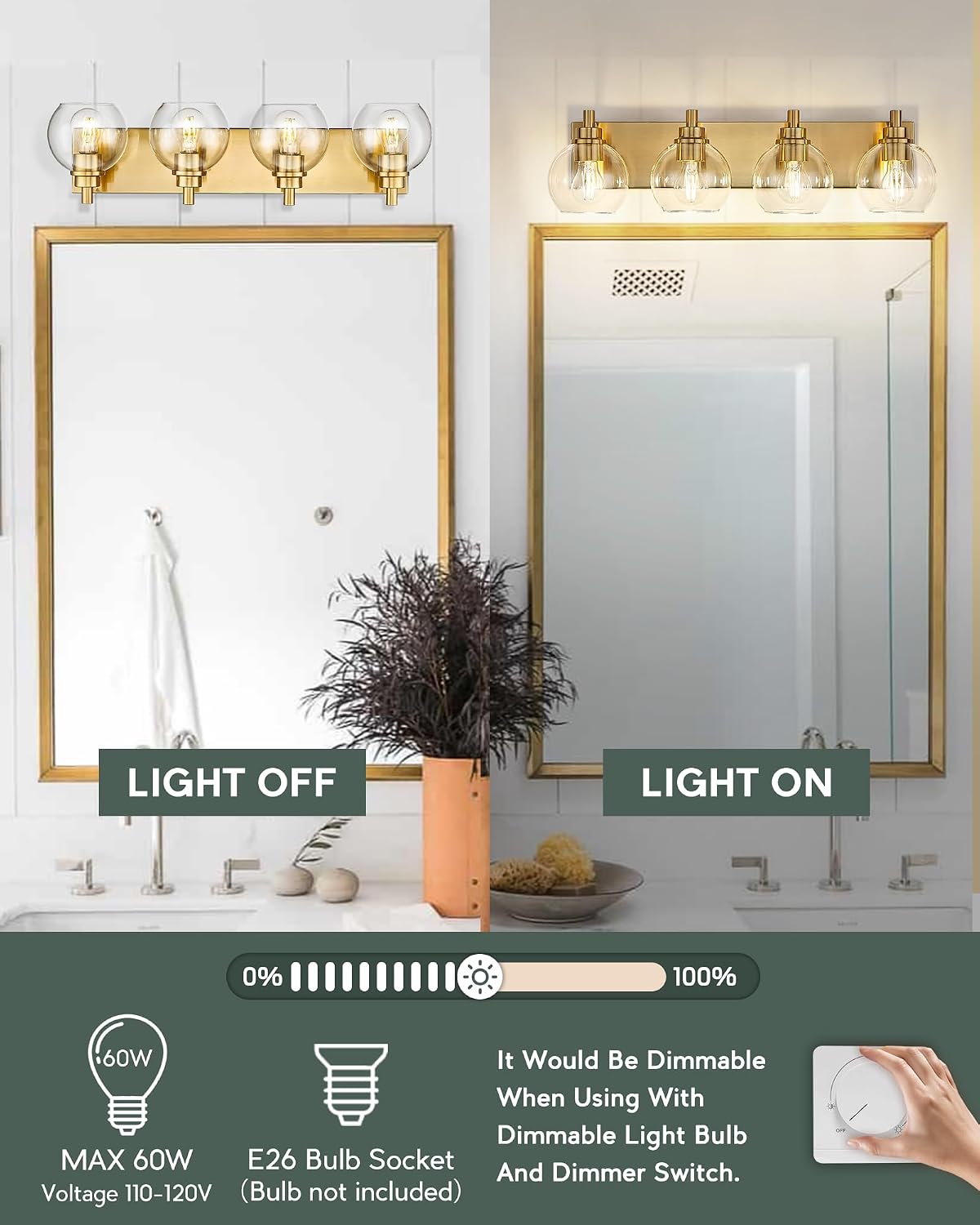 Bathroom Light Fixtures, 4 Light Brushed Gold Vanity Light, 26 Inch Modern Wall Sconces with Globe Clear Glass Shade, Vanity Lighting Fixtures Over Mirror, VL195-BG-CL-4