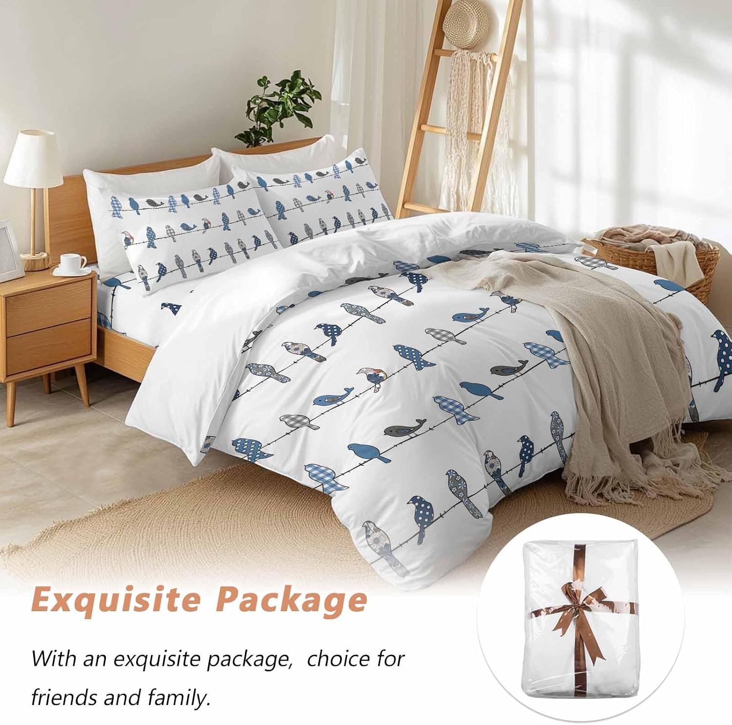 Prime Leader Birds on the Wire Blue Grey Duvet Cover Set Queen Size 4 Pieces Bedding Set with Zipper Closure, 1 Comforter Cover 86x86 Inches 1 Flat Sheet & 2 Pillow Cases