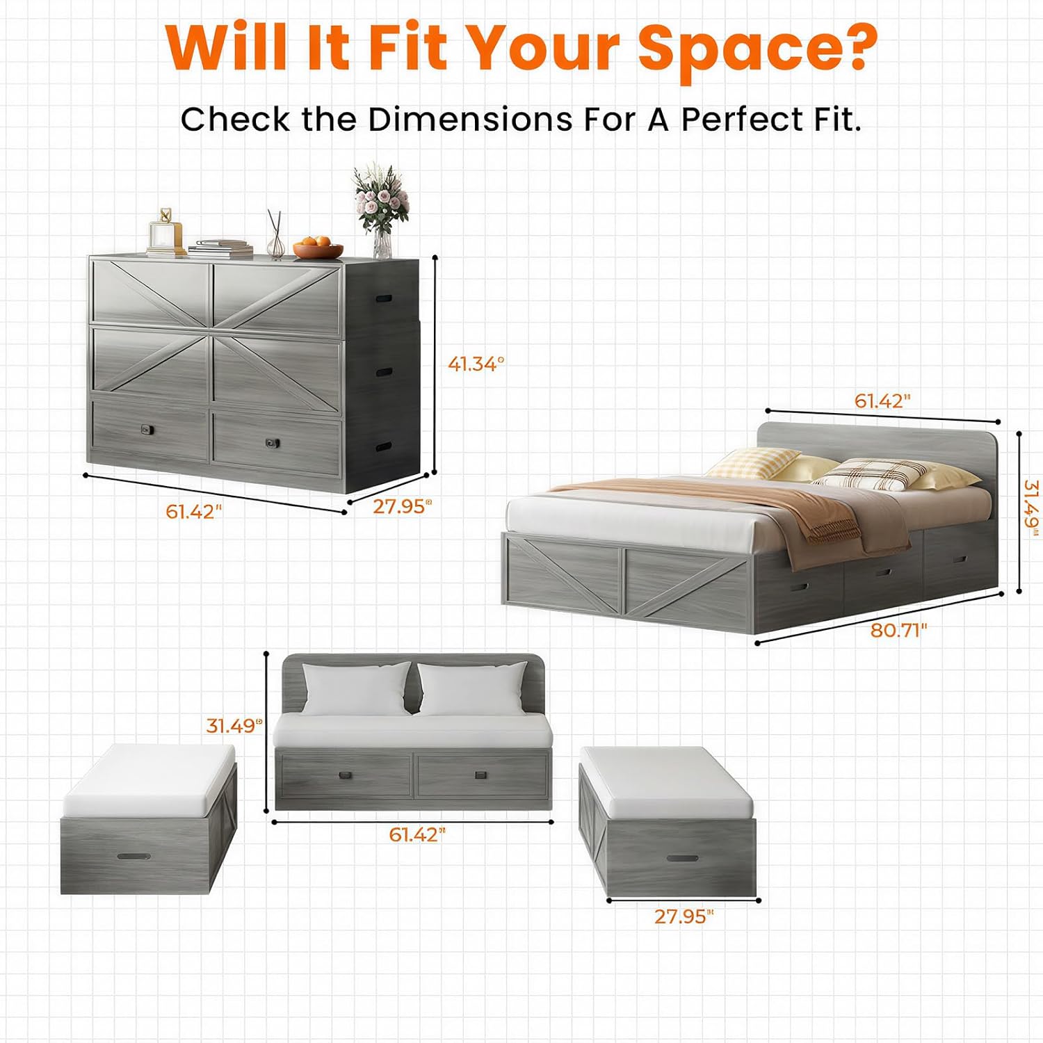 CECER Murphy Bed Queen with Mattress Include，Queen Size Murphy Bed with Storage Drawers，Multi-Functional Desgin that Converts to Sofa Set for Small Spaces/Guest Room/Bedroom（Grey）