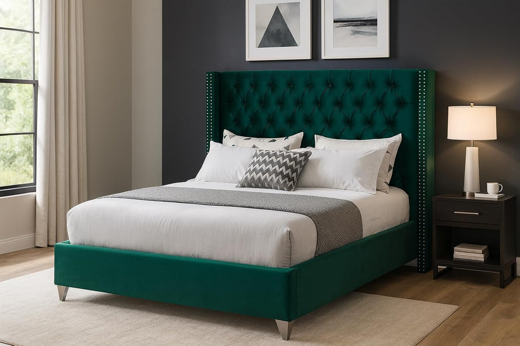 Meridian Furniture Aiden Collection Modern | Contemporary Velvet Upholstered Bed with Deep Button Tufting, Solid Wood Frame, and Custom Chrome Legs, Full, Green