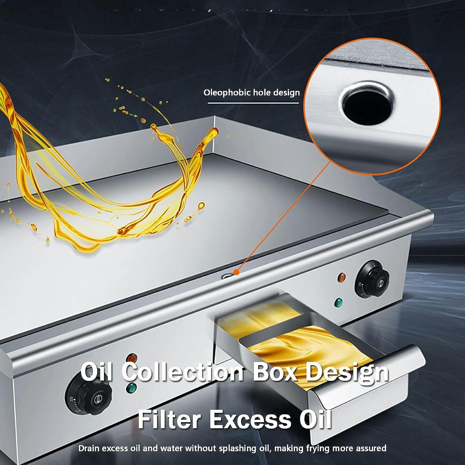 Commercial Electric Countertop Griddle Flat Top Grill Hot Plate BBQ, 4400W Teppanyaki Stainless Steel Grill with Dual Temperature Control 50-300℃ and Oil Leaking HOL