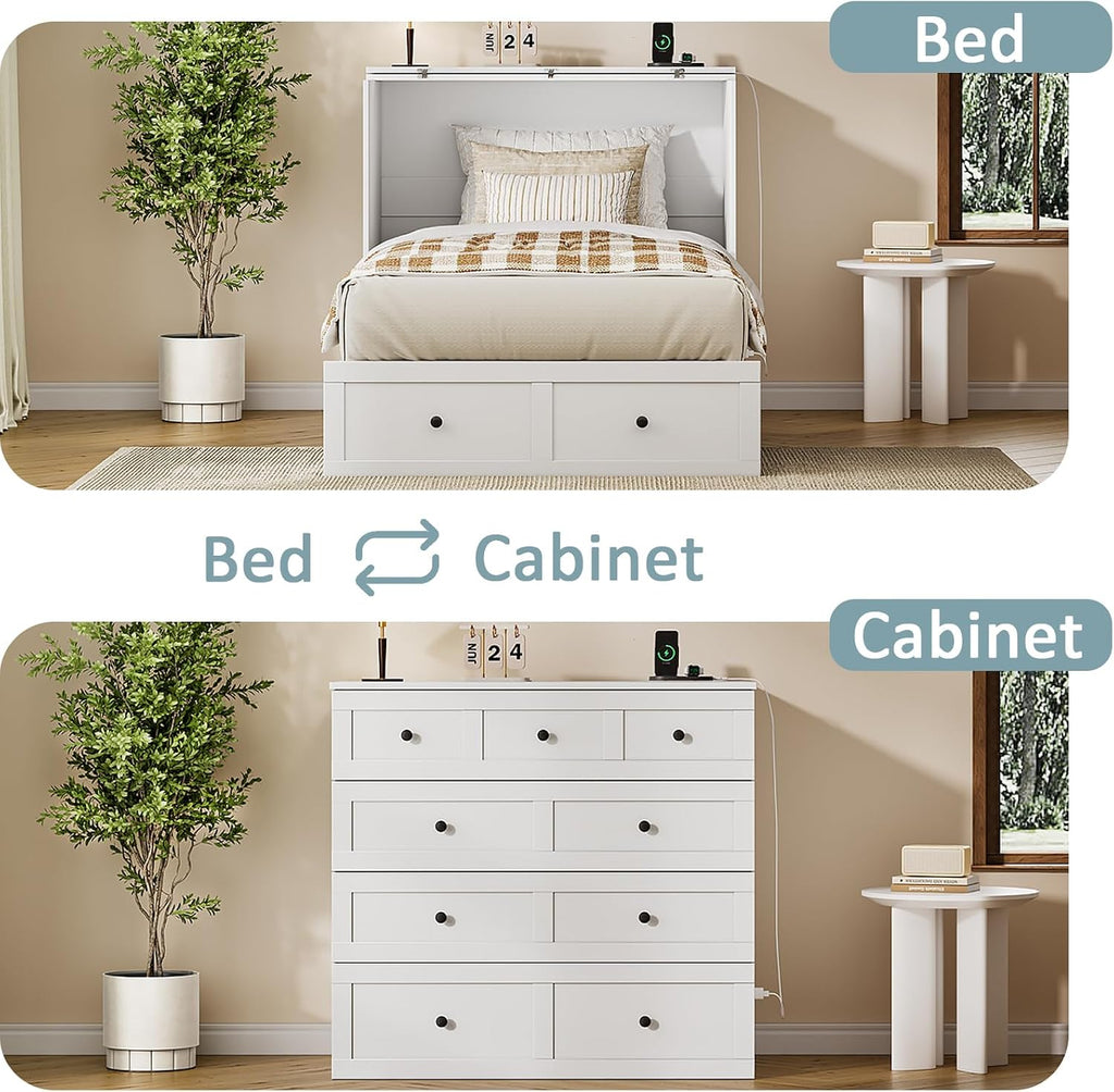 LIVAUVEAD Twin Murphy Bed with Built-in Charging Station, Space-Saving Murphy Bed Chest Twin with Drawer, Foldable, for Home Office Guest Room Bedroom White