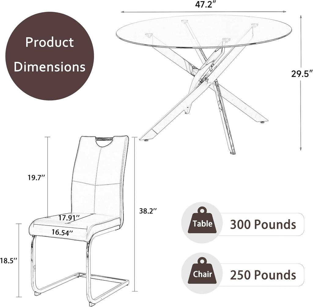 RGZ 7 Pieces Modern Round Kitchen Set, Clear Grey Circle Glass Dining Table with Dark Grey PU Faux Leather Chairs Set of 6, 47'' Large Luxury Circular Dinner Room Set, for Leisure Apartment (Black)