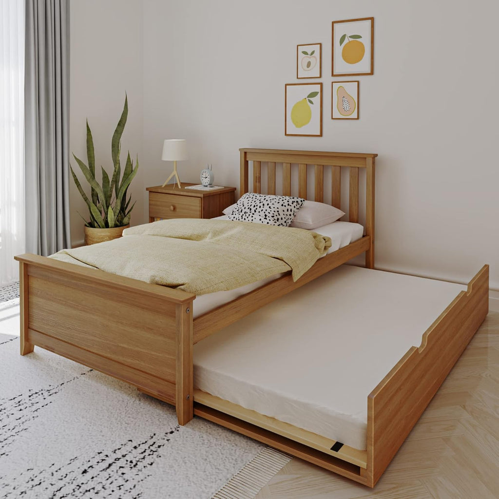 Max & Lily Classic Twin Bed, Slatted Headboard, with Trundle, Pecan