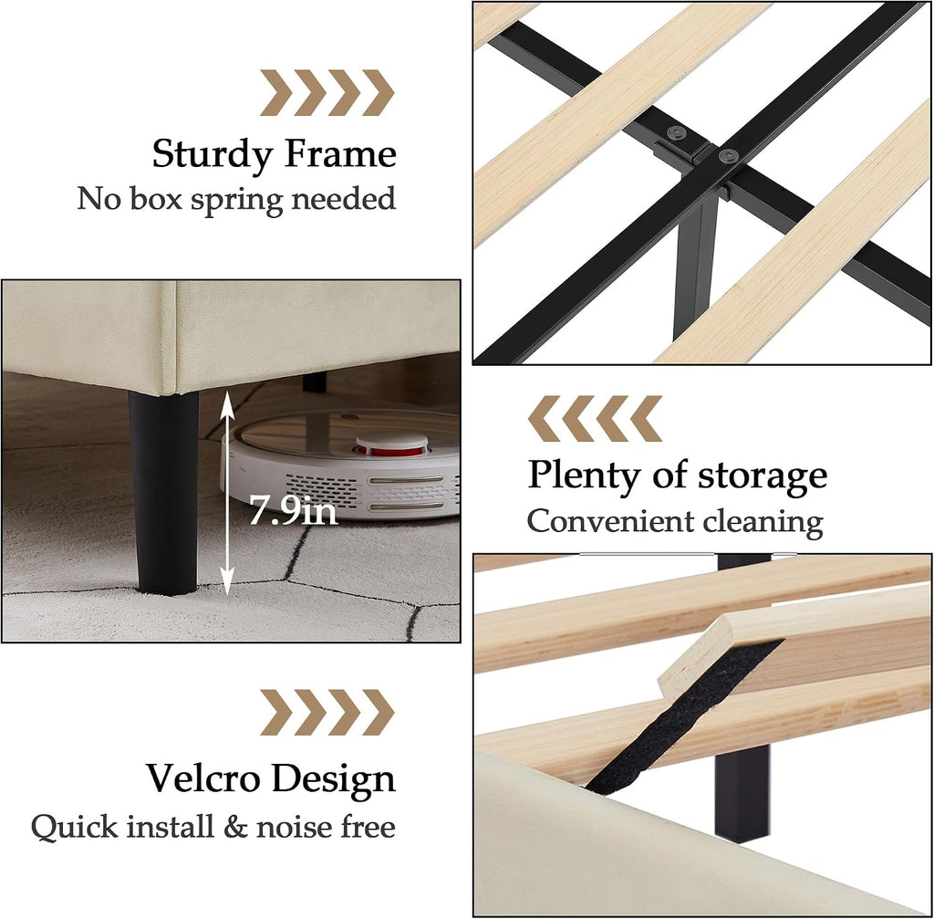VECELO Twin Bed Frame Platform Bed Frame with Upholstered Headboard, Strong Frame and Wooden Slats Support, Strong Weight Capacity, Non-Slip and Noise-Free, Easy Assembly,Beige