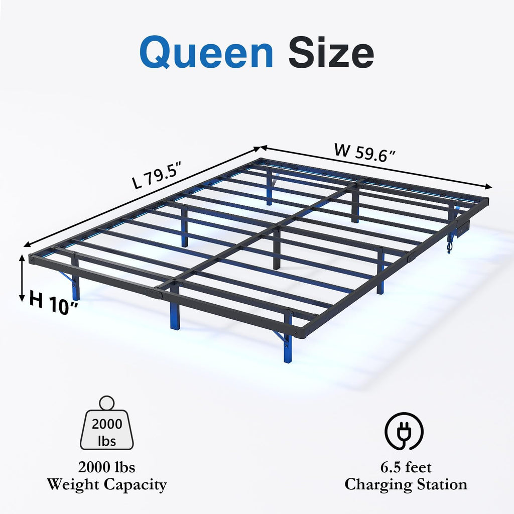 HAVONIZD Queen Floating Bed Frame with LED Lights and Charging Station - 10 inch Platform Bed Frame No Box Spring Needed, Easy Assembly