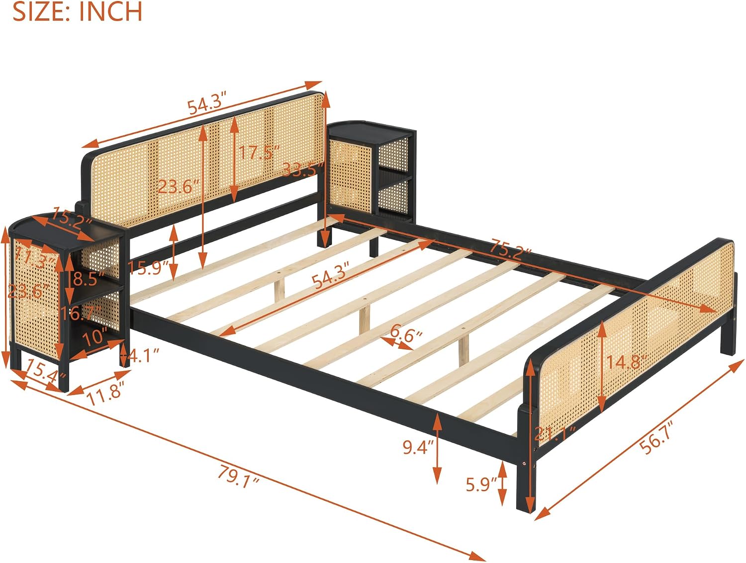3-Pieces Bedroom Furniture Sets,Full Size Rattan Platform Bed with 2 Nightstands, Perfect for Teens Adults (Espresso/Rattan, Full)
