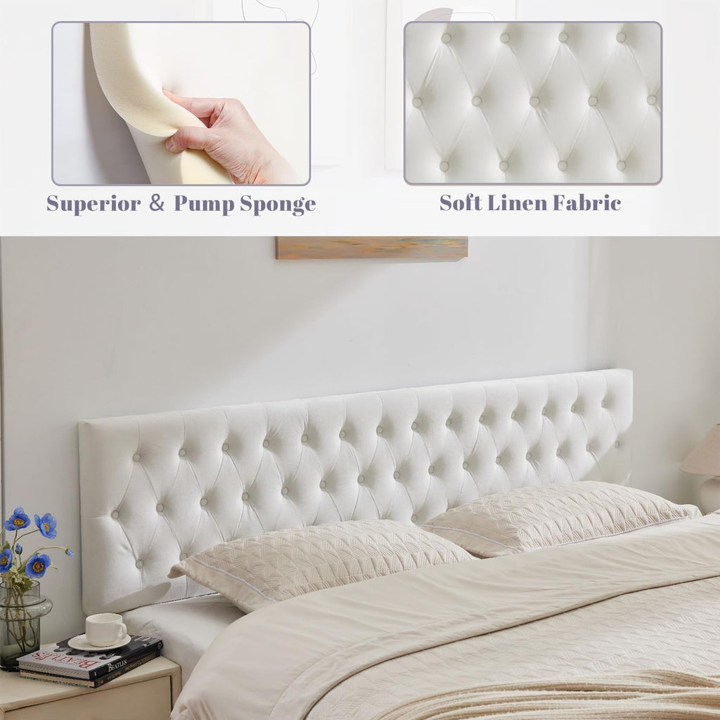 Kingfun Tufted Upholstered King Size Bed Headboard in Modern Button Design, Adjustable Solid Wood Head Board, Premium Velvet Fabric Padded Headboards in Bedroom (White)
