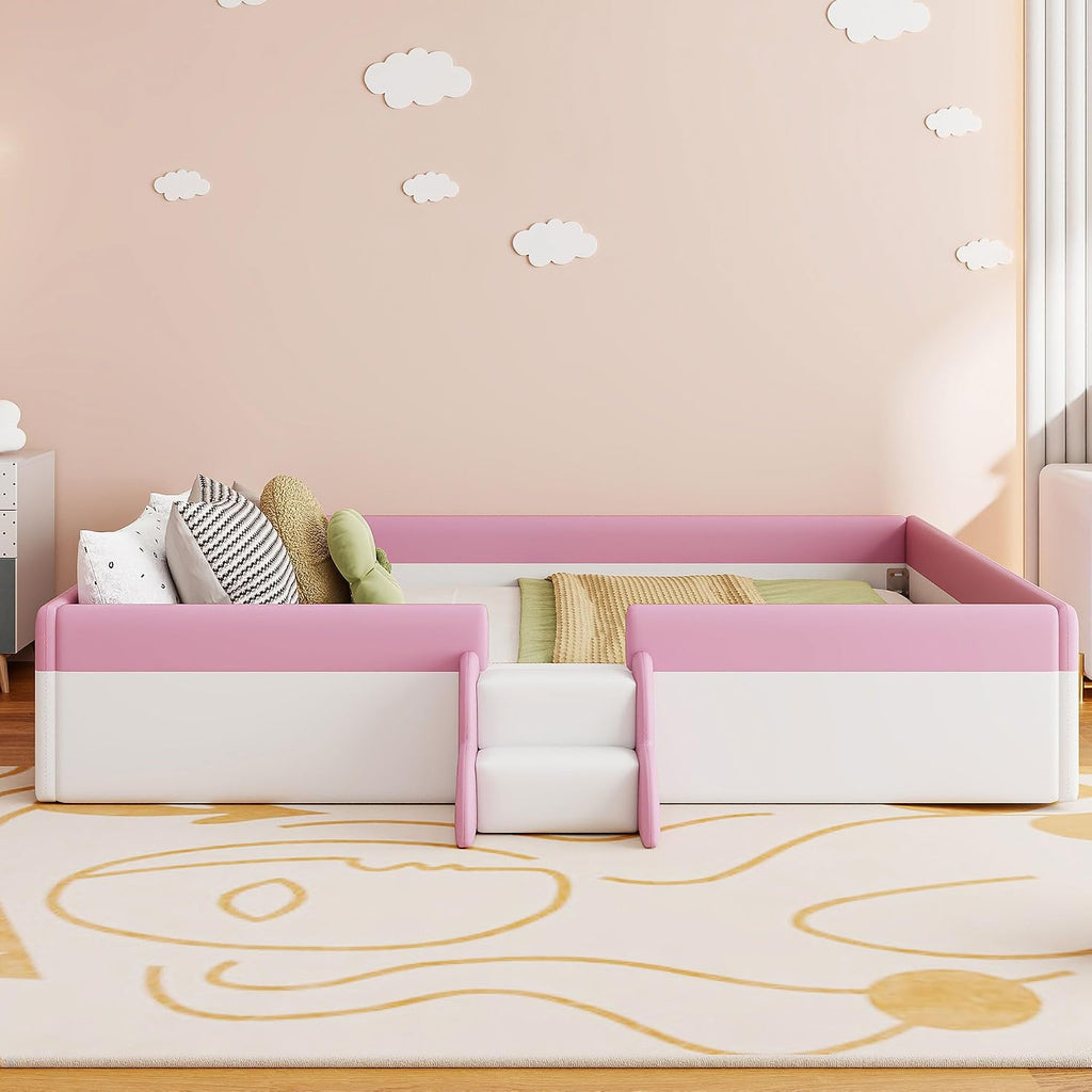 VilroCaz King Size Upholstered Daybed Frame with Fence and Stairs, Montessori Kids Floor Bed with Sturdy Slat Support for Kids Boys Girls