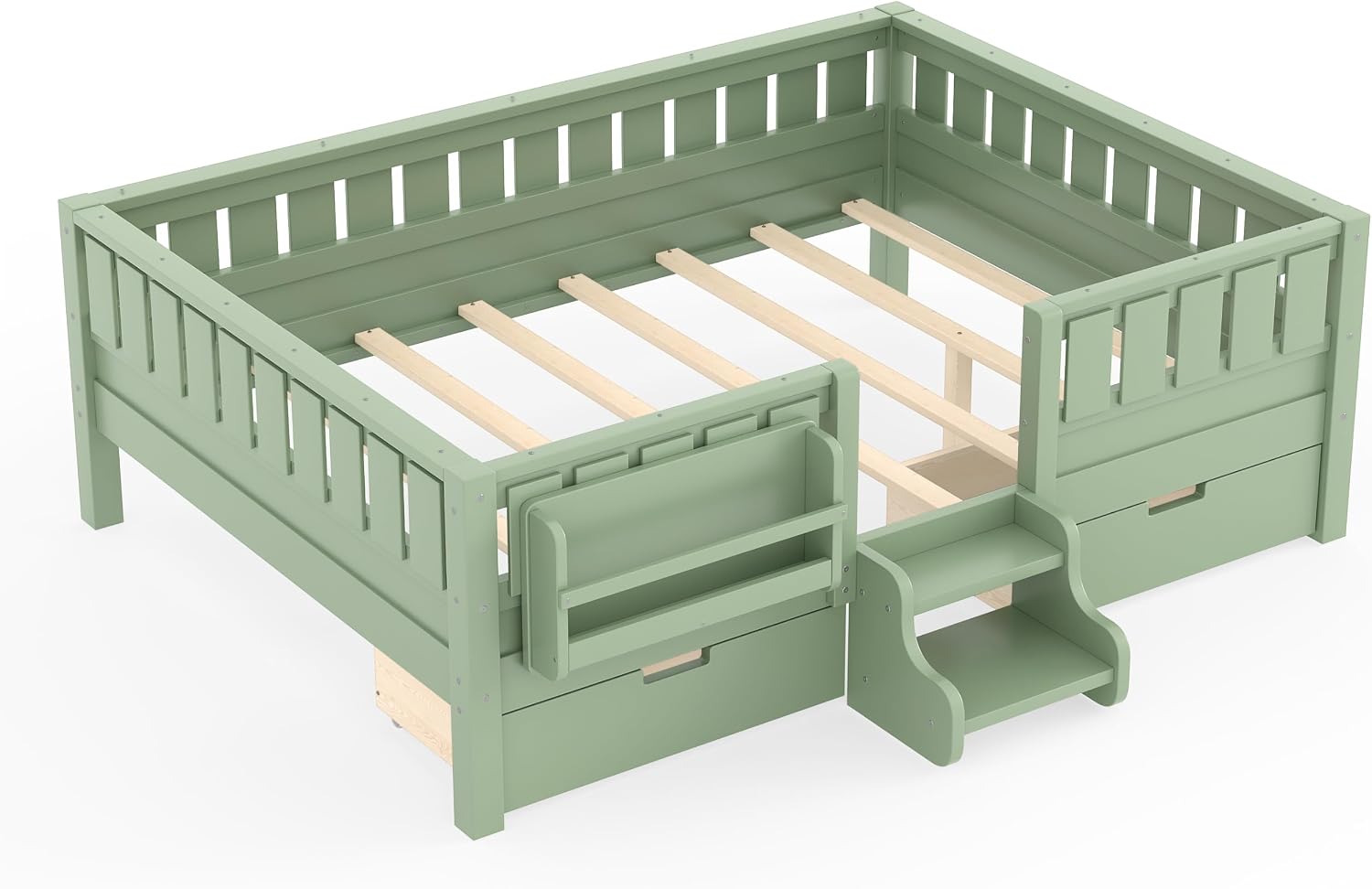 Bellemave Full Size Montessori Bed with Stairs, Rails and Slats, Full Size Montessori Floor Bed with Bookshelf and 2 Storage Drawers, Easy Assemble Beds Frame for Girls, Boys, Avocado Green