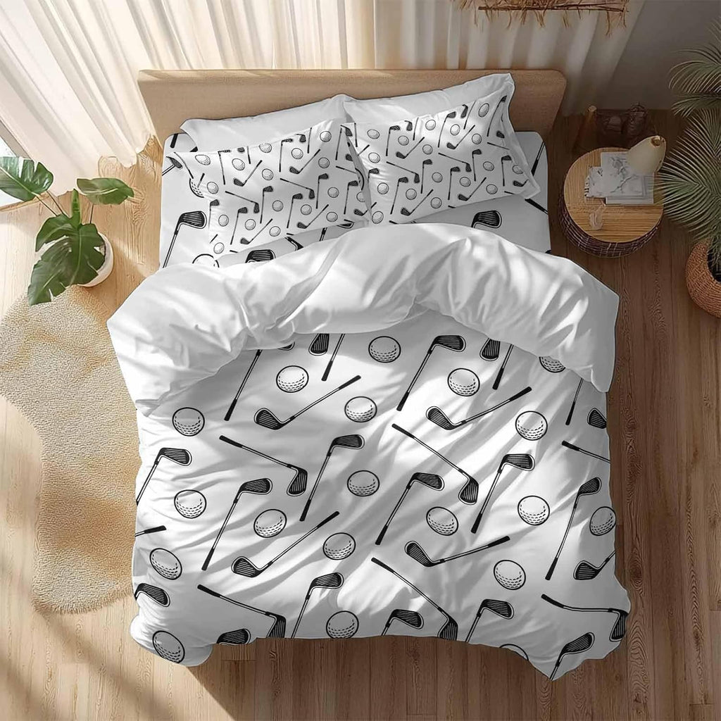 Golf Balls Duvet Cover Set Queen Size 4 Pieces Retro Sports Style Golf Poles Minimalist Modern Bedding Set with Zipper Closure, 1 Comforter Cover 90x92 Inches 1 Flat Sheet & 2 Pillow Cases