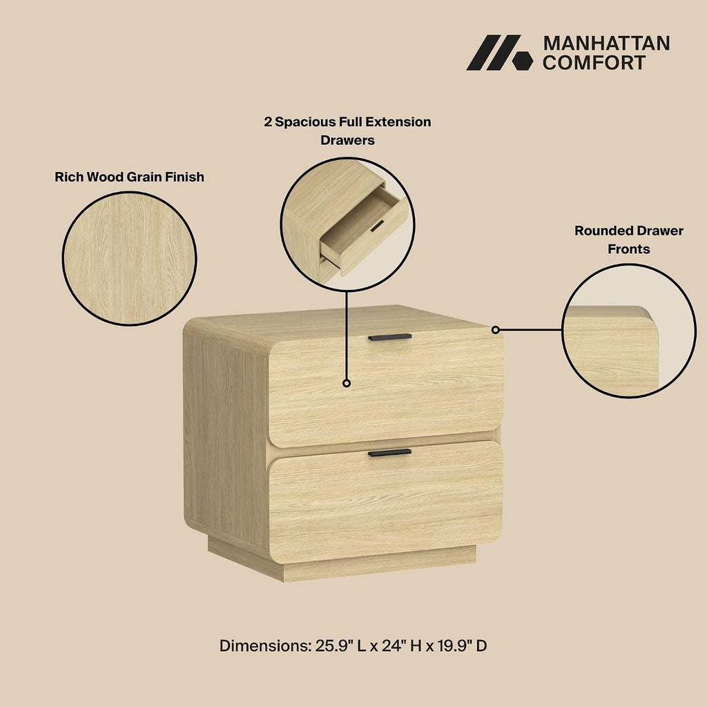 Manhattan Comfort Chrystie Fluted Nightstand 26' Bedside Table with 2 Full Extension Drawers and Metal Handles, Rounded Corners, Wood Grain Finish, Set of 2 for Bedroom or Living Room in Natural