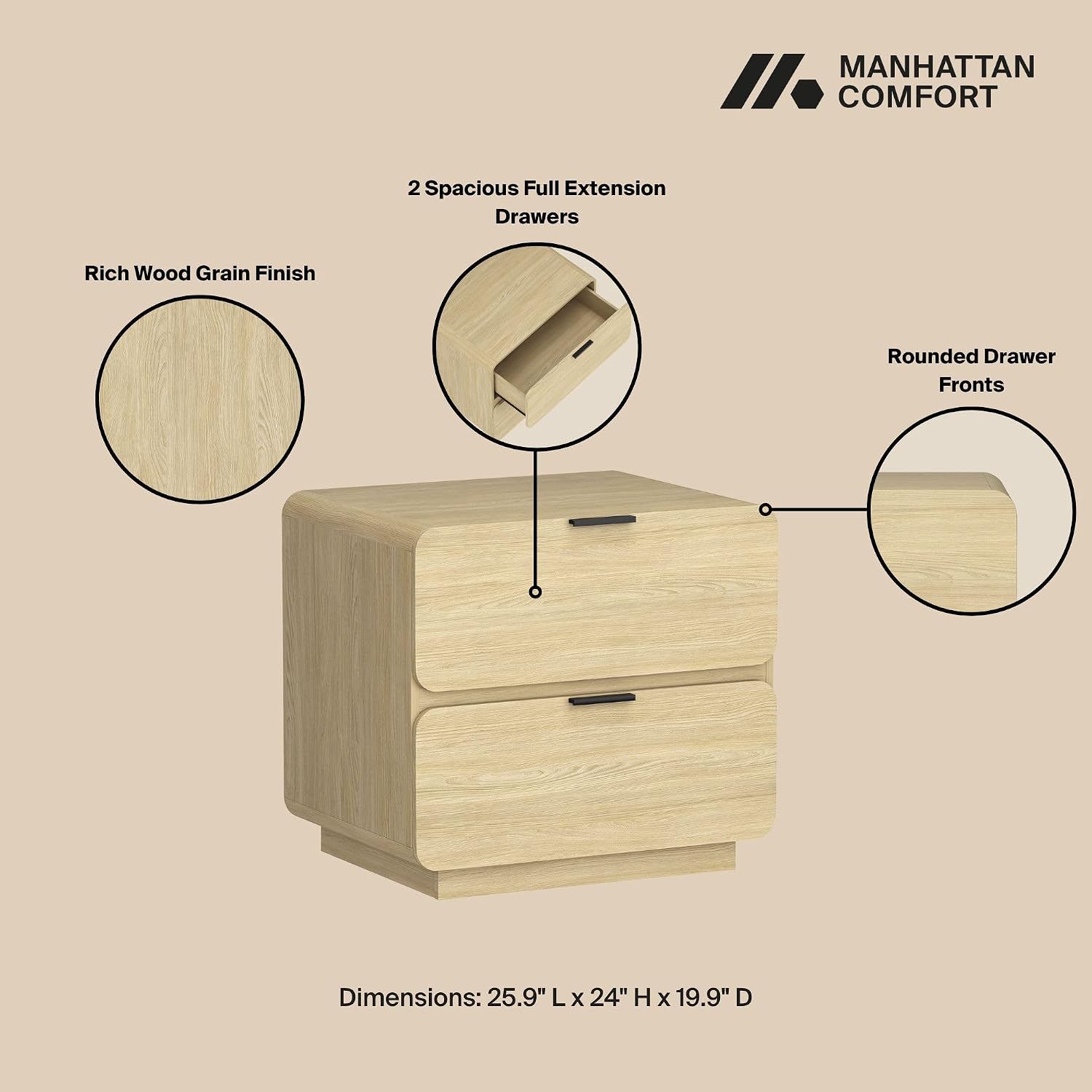 Manhattan Comfort Chrystie Fluted Nightstand 26' Bedside Table with 2 Full Extension Drawers and Metal Handles, Rounded Corners, Wood Grain Finish, Set of 2 for Bedroom or Living Room in Natural