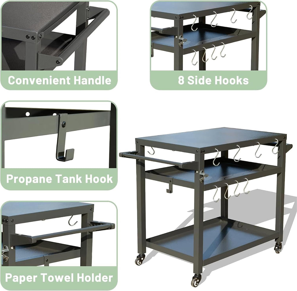3-Shelf Outdoor Grill Table, Grill Cart with Wheels, Heavy-Duty Steel Food Prep Station with Propane Tank Hook for Blackstone Griddle, Pizza Oven Stand and BBQ Grill Cart for Backyard Cooking