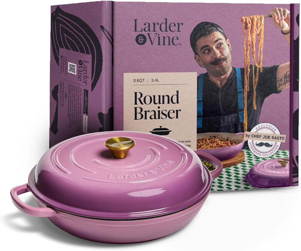 Chef Joe Sasto Enameled Cast Iron Braiser with Lid, for Slow Cooking, Roasting & Searing, Oven Safe, Induction Compatible, Easy-Clean Finish