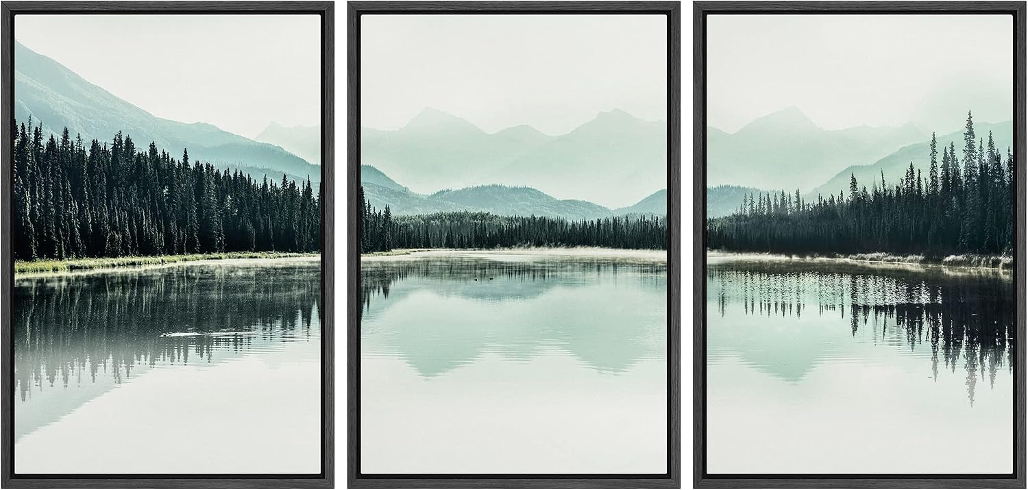 NWT Framed Canvas Print Wall Art Set Teal Mountain Range Lake Forest Landscape Nature Wilderness Modern Art Rustic Scenic Relax/Calm for Living Room, Bedroom, Office - 16'x24'x3 Black