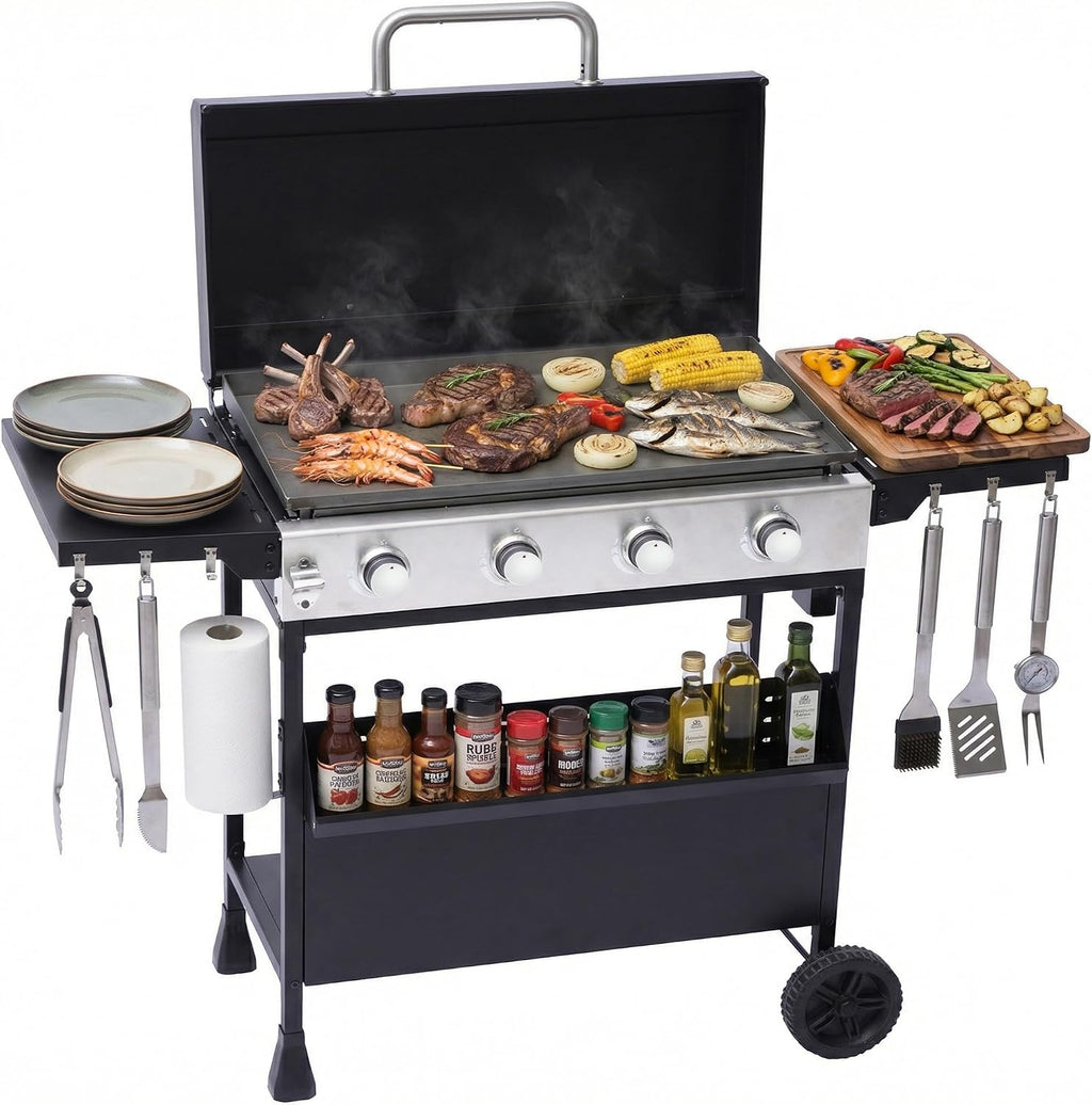 4-Burner Propane Gas Griddle with Removable Cart, 40,000 BTU Output Portable Outdoor BBQ Grill with Wheels, Cast Iron Griddle, Foldable Side Tables and Spice Rack for Backyard, Patio, Camping