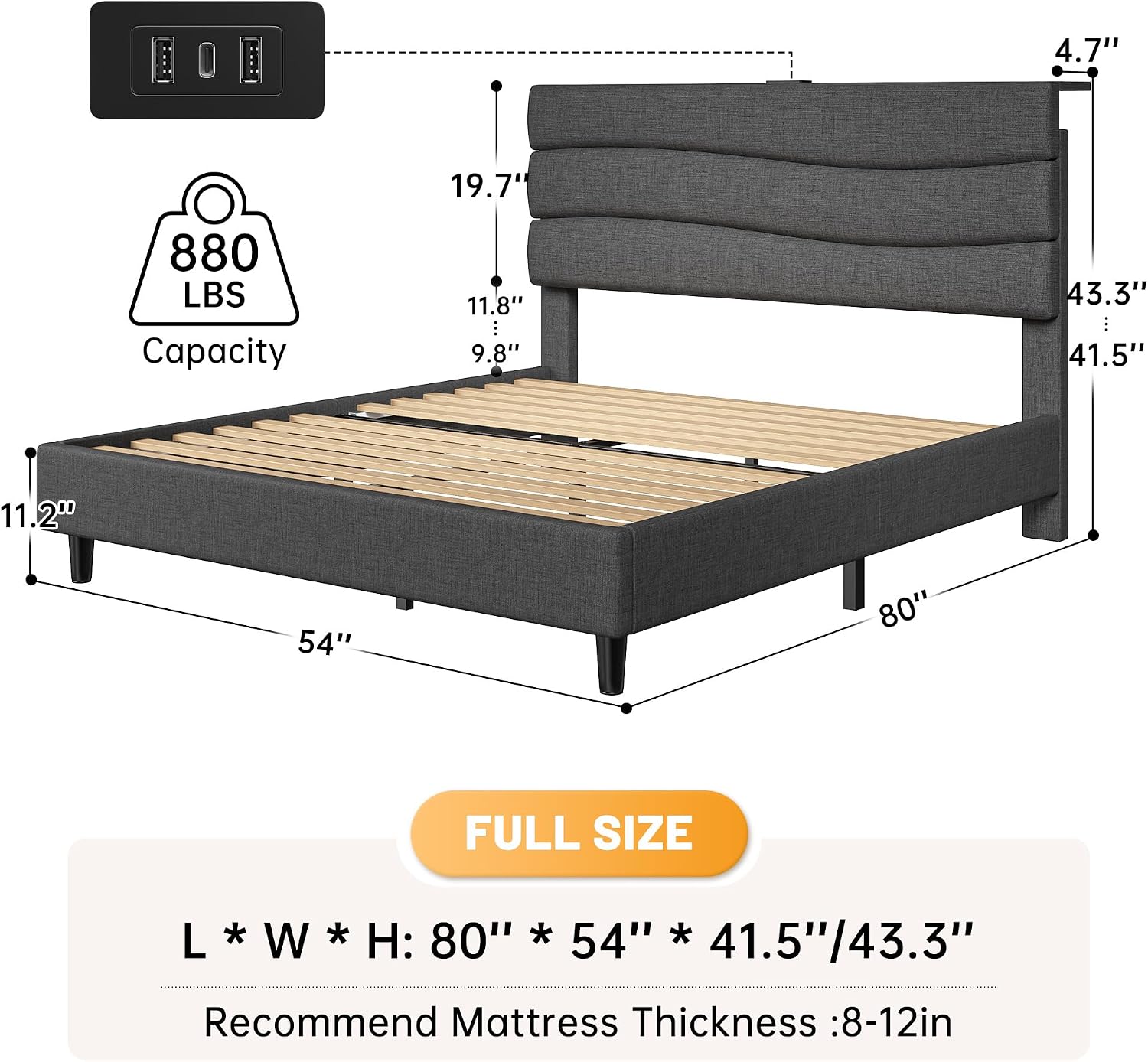 EnHomee Full Size Bed Frame with Adjustable Height Upholstered Headboard, 3 USB Charging Ports, Noise-Free Platform Bed, No Box Spring Needed, Grey
