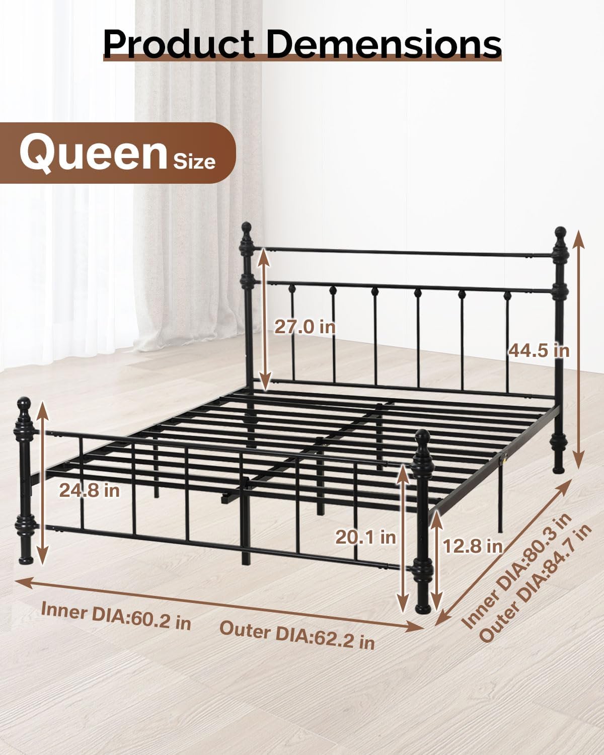 Queen Size Bed Frame, Metal Platform Bed with Straight Headboard, Retro Luxury Roman Column, Easy Set up, No Box Spring Needed, Storage Space Under-Bed（Queen）
