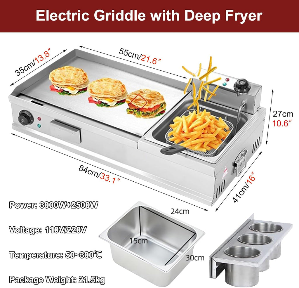 Electric Griddles Non Stick with Fryer, Commercial Flat Top Grill Breakfast Griddle for Indoor Catering,Large